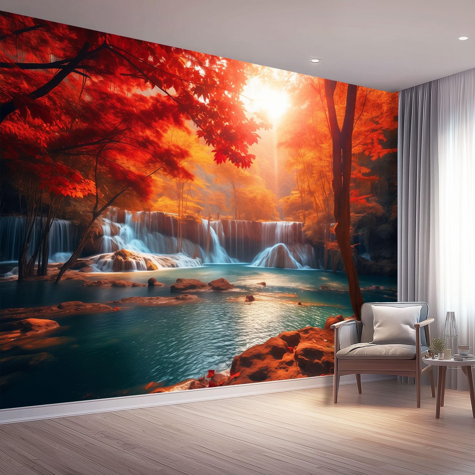 3D Panoramic Custom Colorful Wallpaper Murals, Nature Autumn Landscape Forest Waterfall Non-Woven Wall Murals, Modern Living Room Kitchen Dining Room Bedroom Wall Mural Wallpaper 400 x 280 cm (W x H)