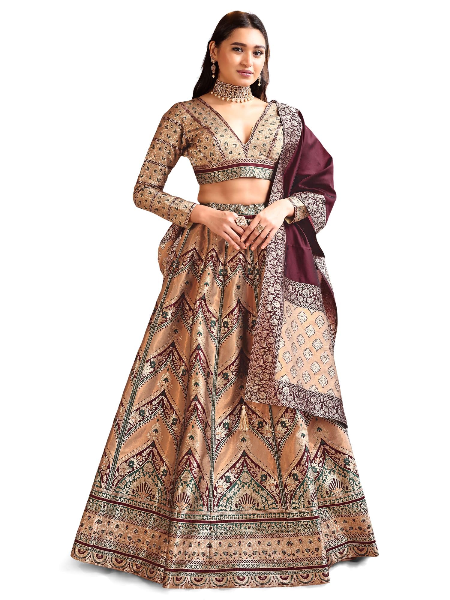 PURVAJA Lehenga Choli damski zestaw ze sztucznego jedwabiu, półszyty