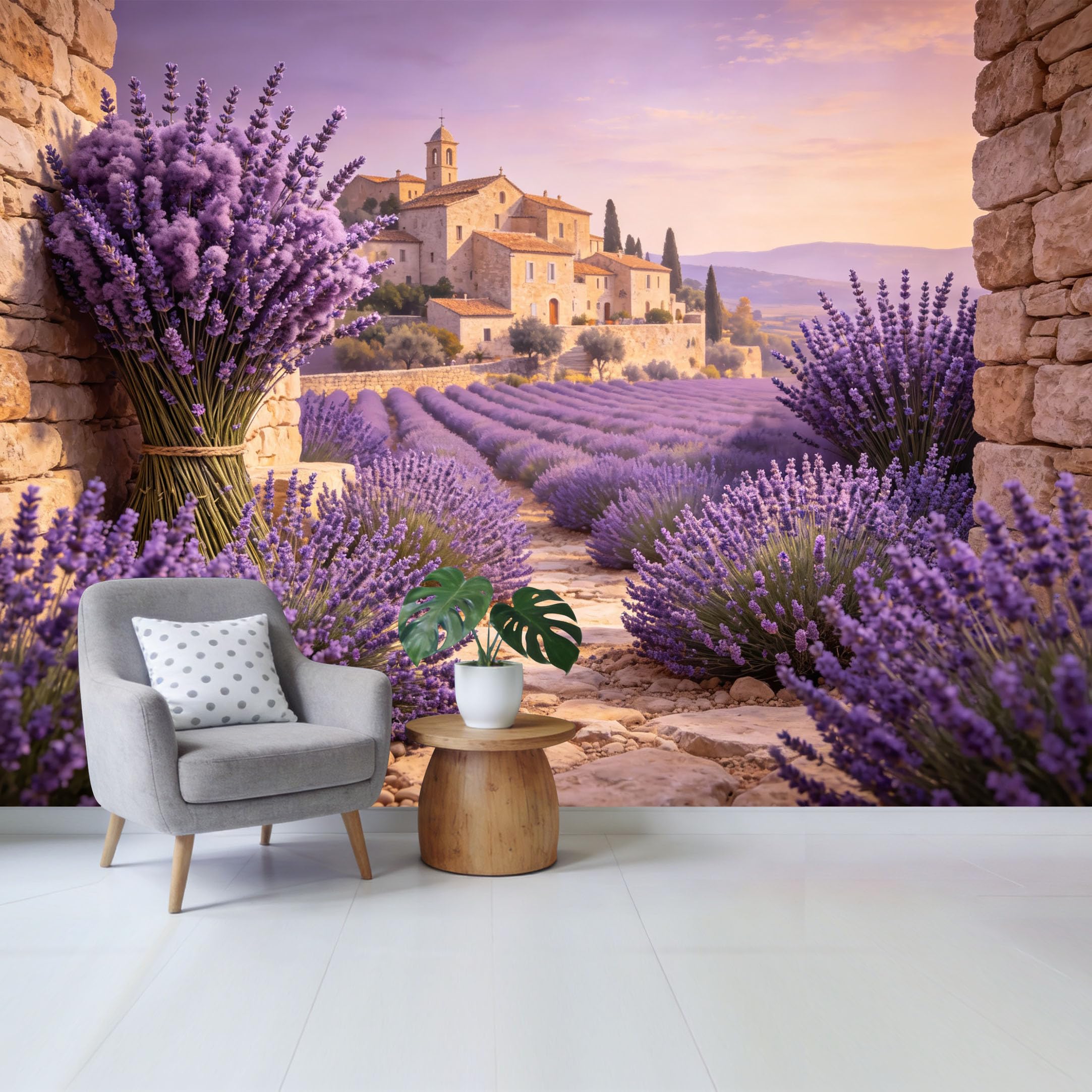 Qzlithotic Yq2605251139 Custom Size Wall Mural Provence Lavender Field Stone Village Landscape Oil Painting Selfadhesive Wall Fabric Removable Wallpaper For Home Office Decor