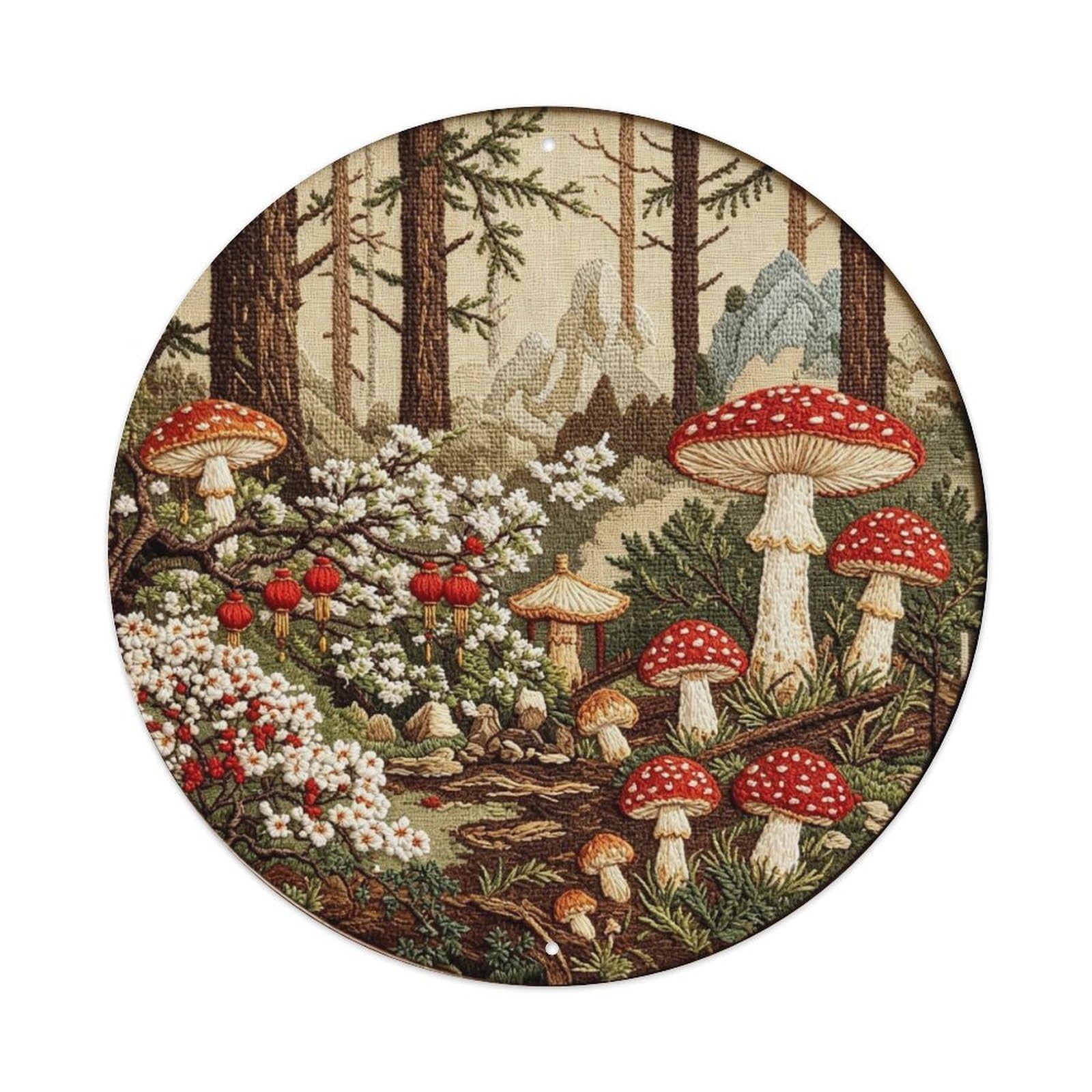Wild Forest Mushroom Embroidery Metal Tin Sign Plaque