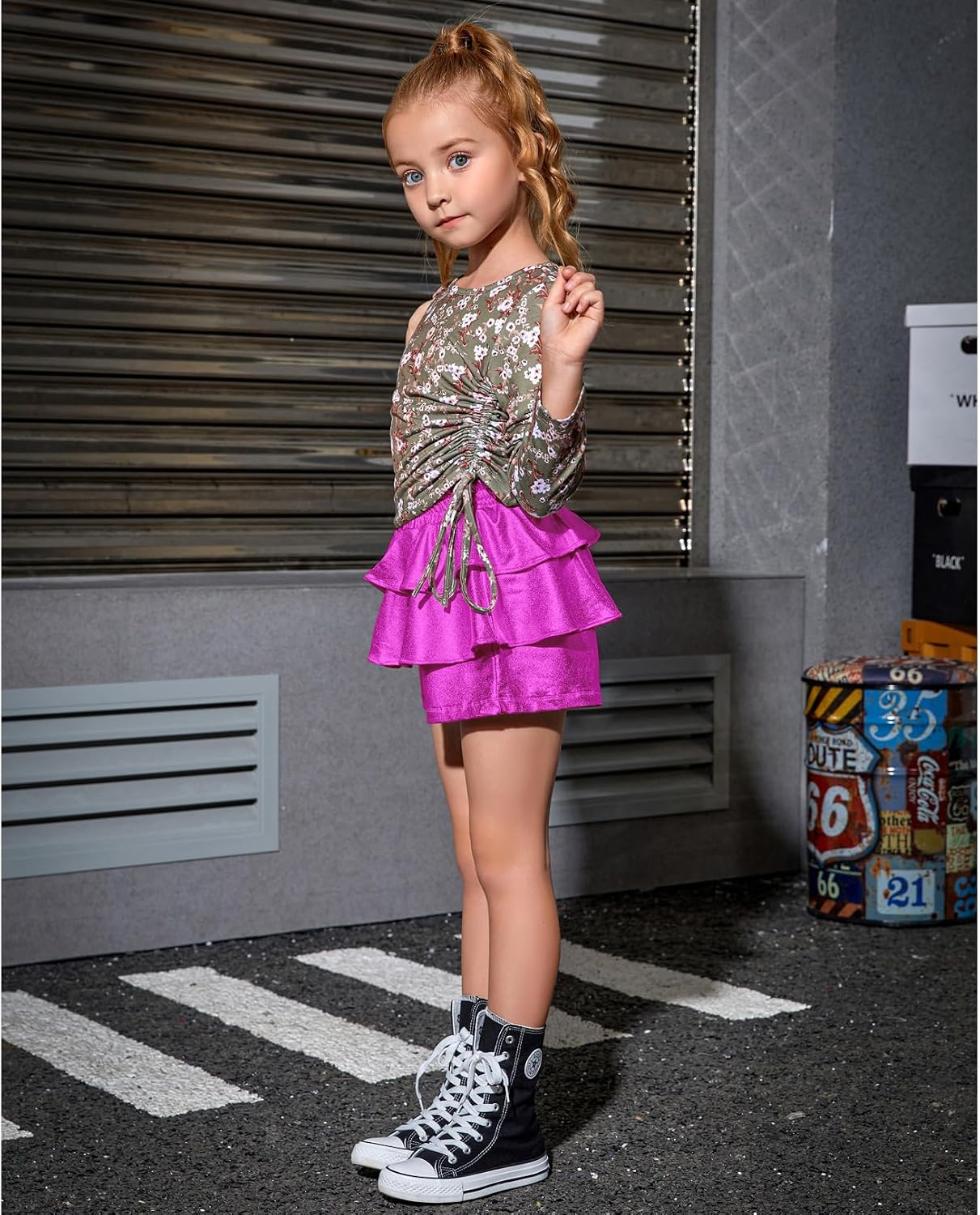 Girls Pleated Metallic Shorts Shiny Sparkle Ruffle Scooter Skater Dance Elastic Waist Rave Pants with Sunglasses for 6-13Y