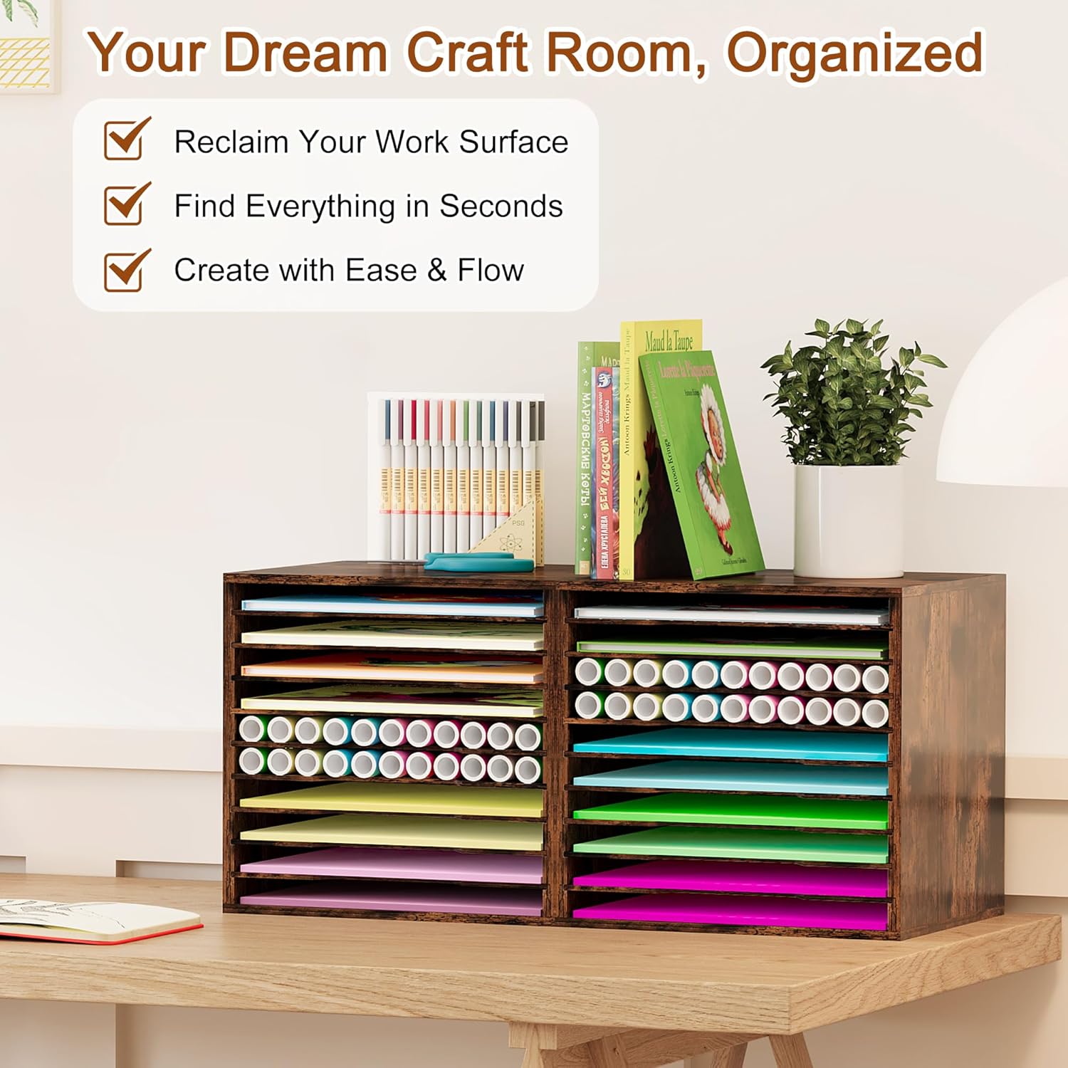 EasyPAG Scrapbook Paper Storage Organizer for Craft Room, 12x12 Paper Storage Desk Shelf, 10 Slot Adjustable File Sorter for Office School Classroom, Antique - Image 3