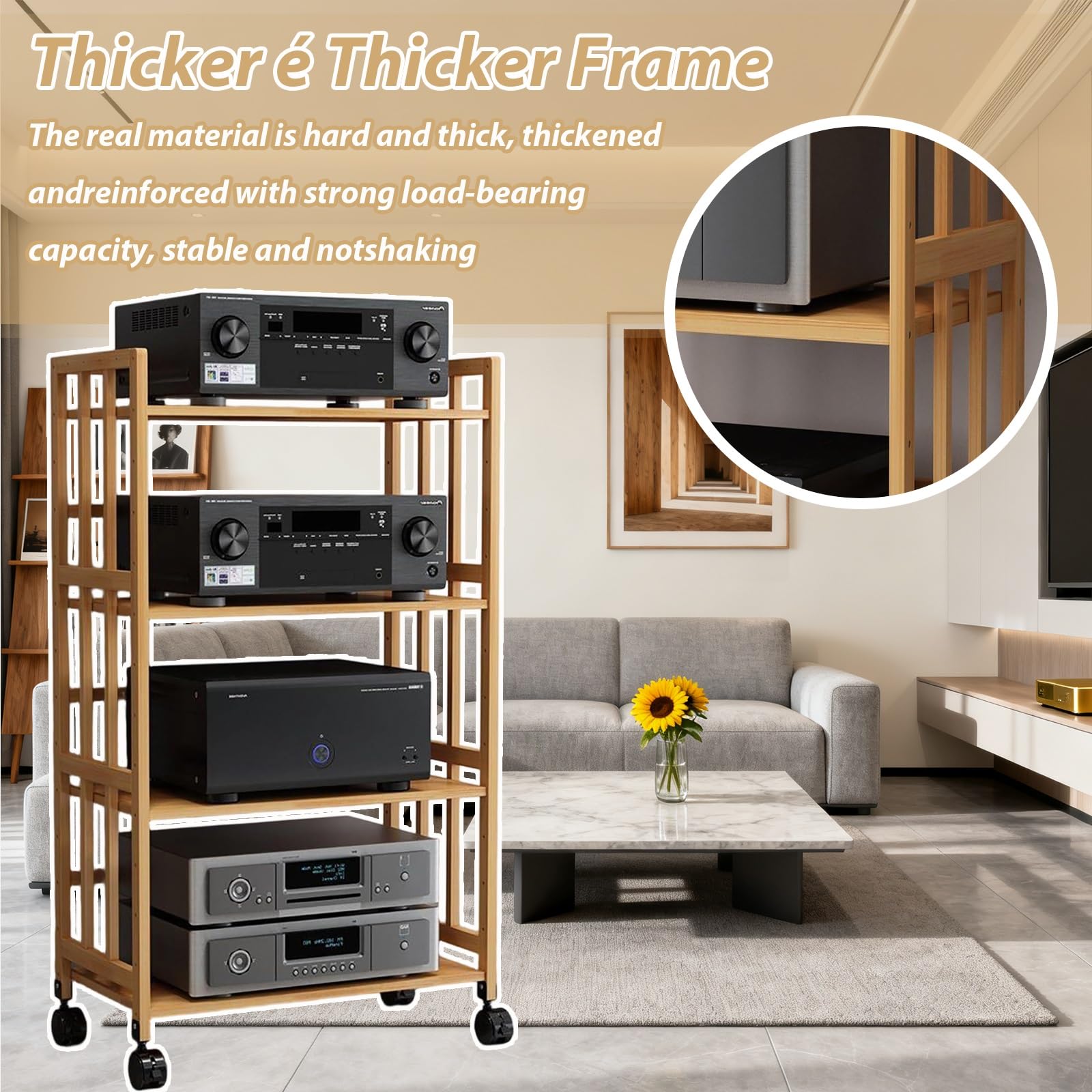 Scaffale multimediale AV a 2/3/4/5 livelli, rack audio, supporto per lettore CD, scaffale stereo domestico con ripiano regolabile in altezza e ruote per home office e home cinema (marrone, 50 x 53 cm)