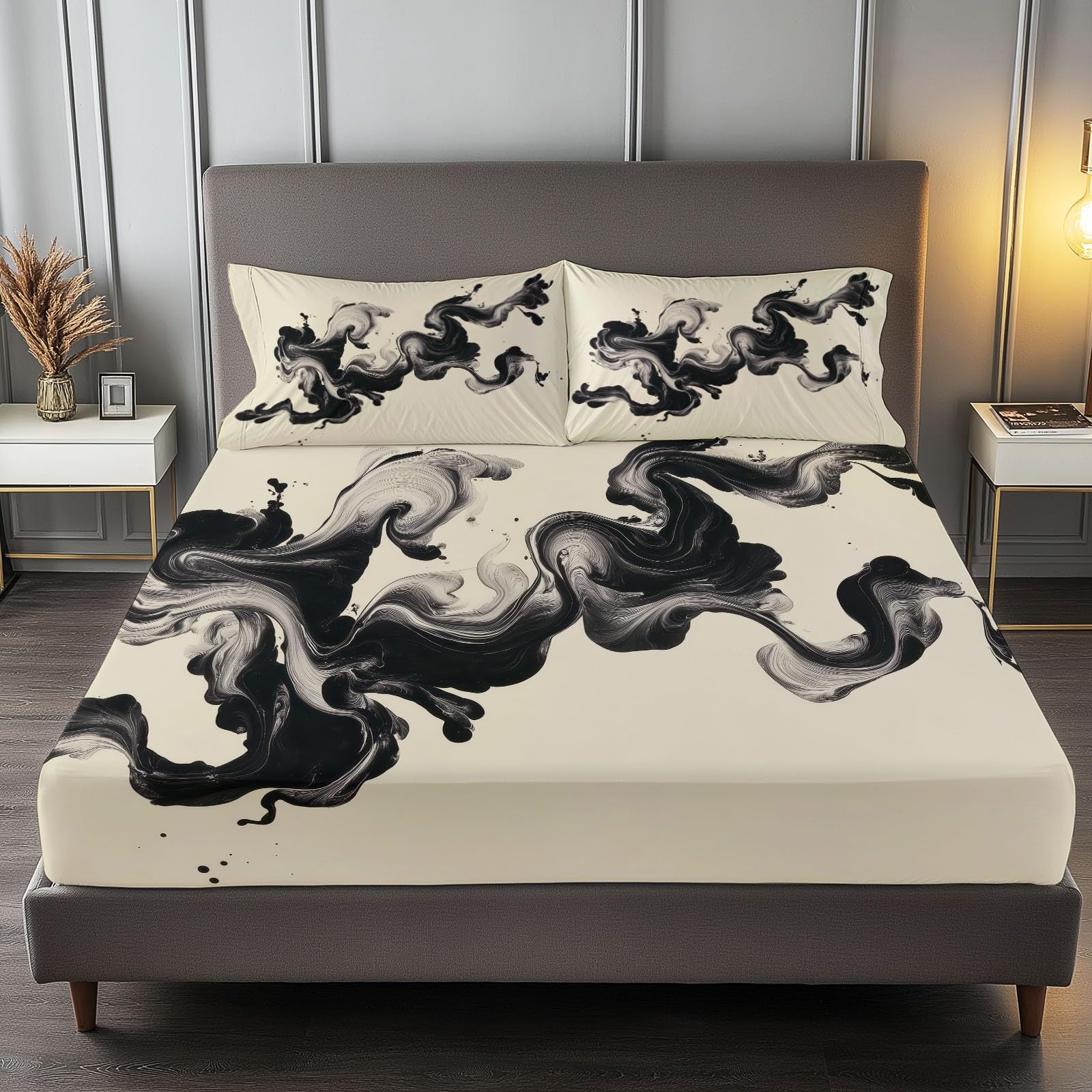 Drap housse vortex peinture encre 180x200 bonnet 30 cm