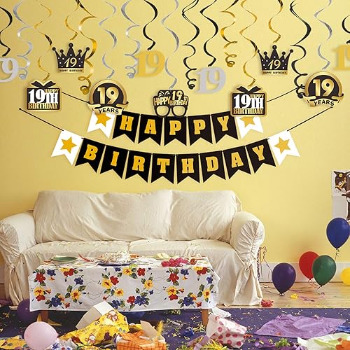 Miniatura 312 de LINGTEER Happy 65th Birthday Decorations Set - 12Pcs Black & Gold Swirls Streamer,Happy Birthday Bunting Banner,Cheers to 65 Years Old Bday Party