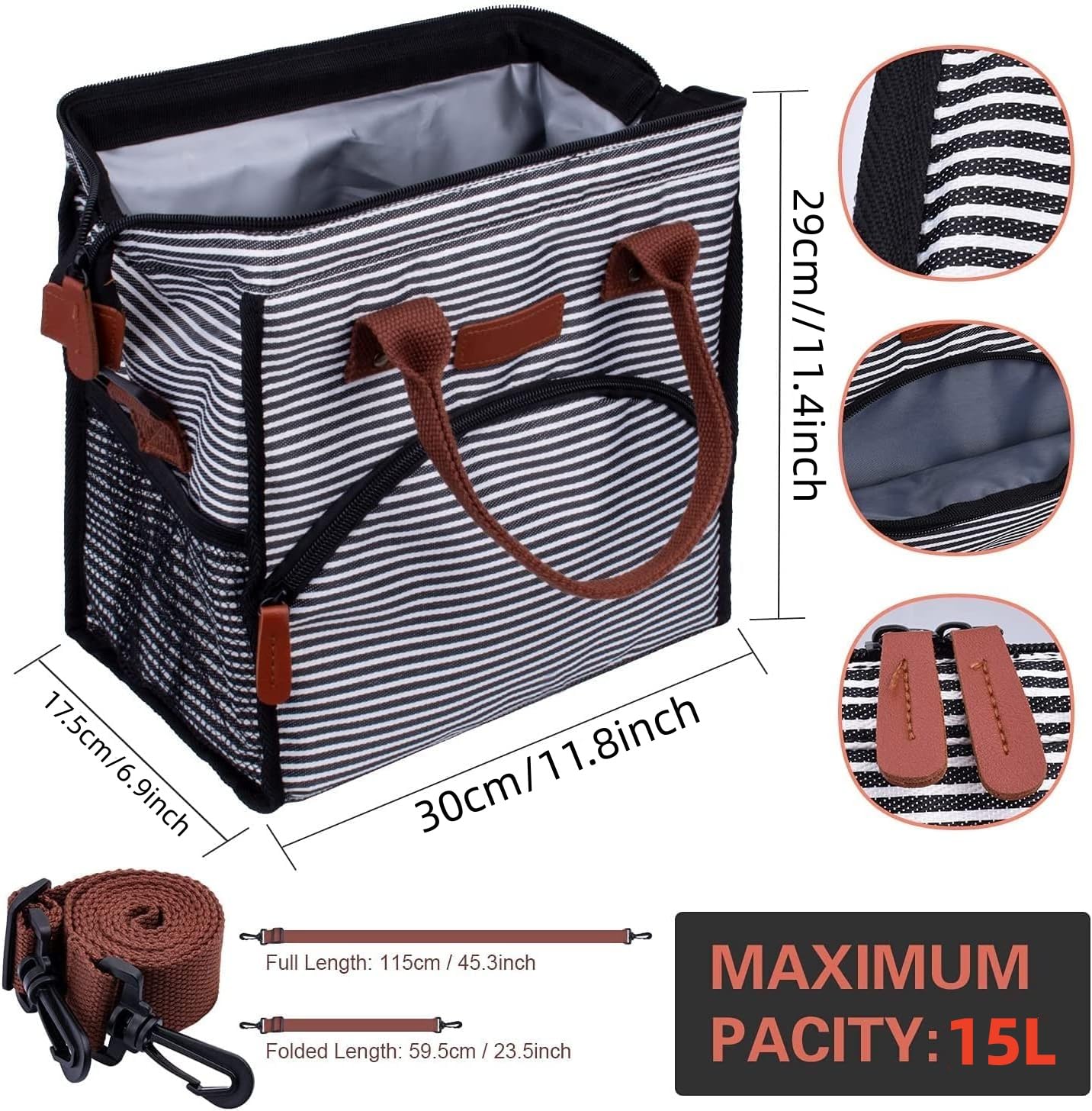 Kühltasche Lunchtasche Damen und Herren, 15L Kühlbox Thermotasche Wasserdicht und Auslaufsicher, Isoliertasche Cooler Bag Faltbar für Arbeit, Ausflügen, Picknick, Barbecue - Streifen