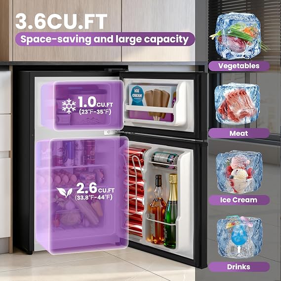 Tehanld 3.6 Cu.Ft Mini Fridge with Freezer for Dorm Office, Black | Double Door Compact Refrigerator with Low Noise Technology, Removable Shelves for Bedroom and Apartment Storage