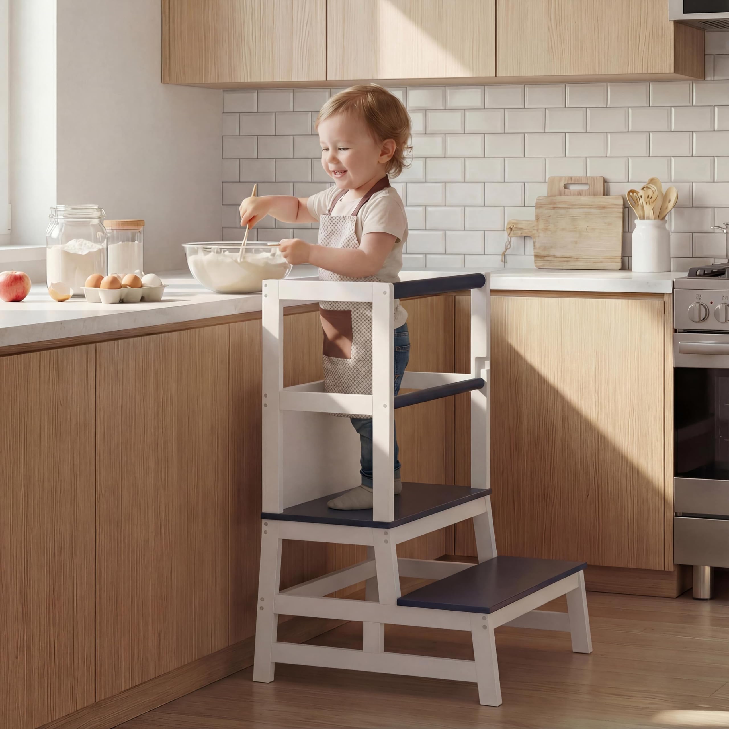 Spielwerk® Lernturm ab 2 Jahren Kinder mit Tafel Montessori 93cm Hoch Learning Tower 100kg Belastbar Trittschemel Kiefer Lernstuhl Küche Grau Holz
