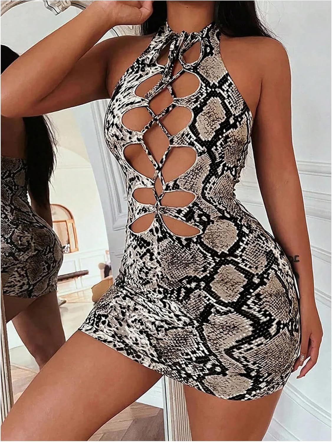 SweatyRocks Women's Sexy Club Bodycon Dresses Cut Out Lace Up Halter Mini Going Out Dress - Image 2