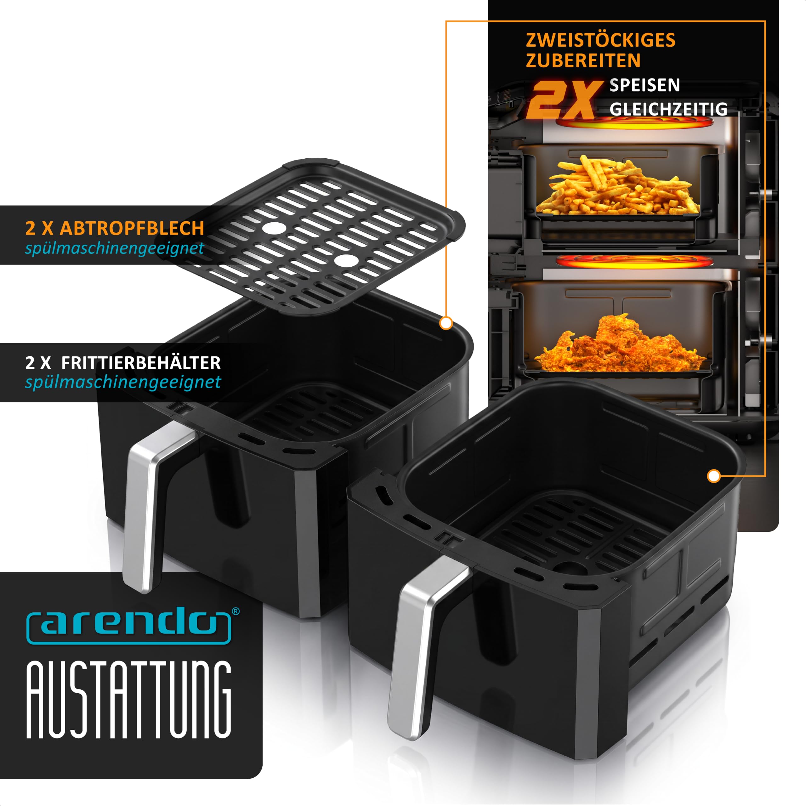 Arendo – Heißluftfritteuse XXL Dual Zone - 2 Kammern – Airfryer Doppelstock – mit Fenster – 2700 W – 10 Liter – bis 200°C – LED-Display – Sync- und Match-Funktion – Sichtfensterbeleuchtung