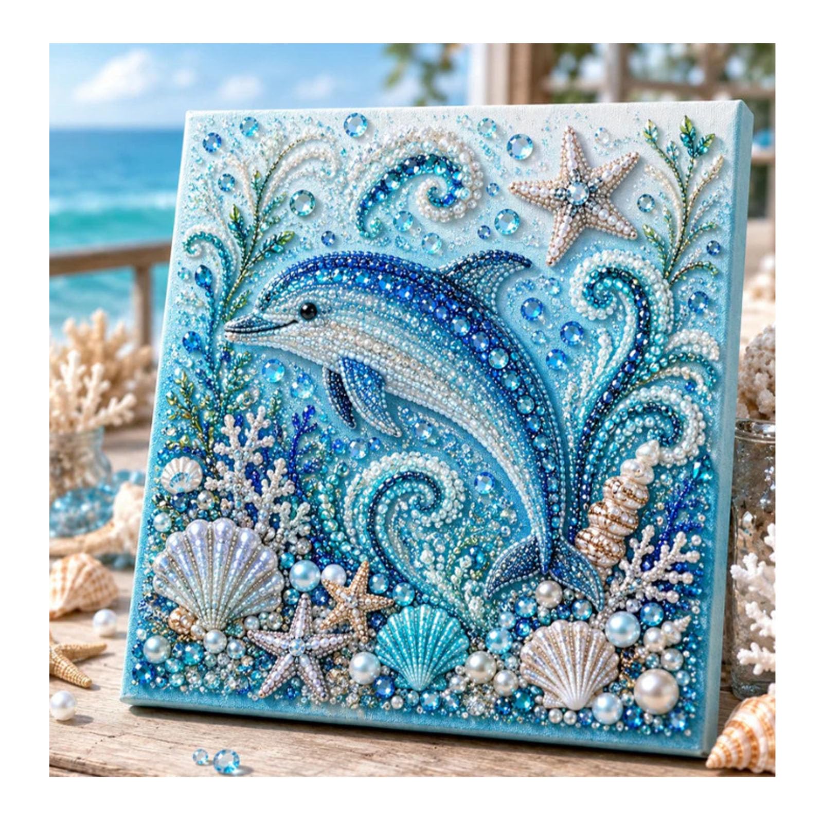 zoocco Pearl Art Kits for Adults, Ocean Animal Diamond Painting Kit with Octopus Whale Turtle Shark Dolphin, 3D Pearl Gem Art Craft for Wall Decor (Dolphin)