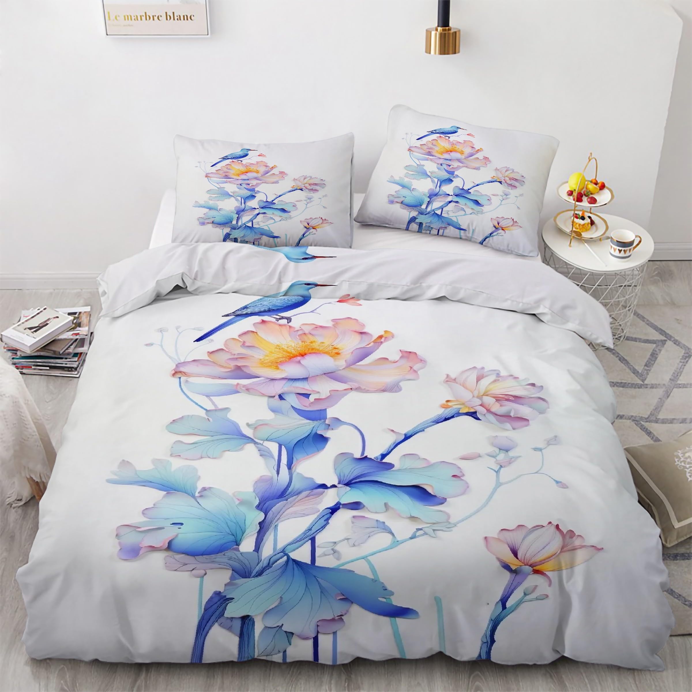 Housse de couette 90x190 fleurs zippée en microfibre douce pour lit simple facile à border