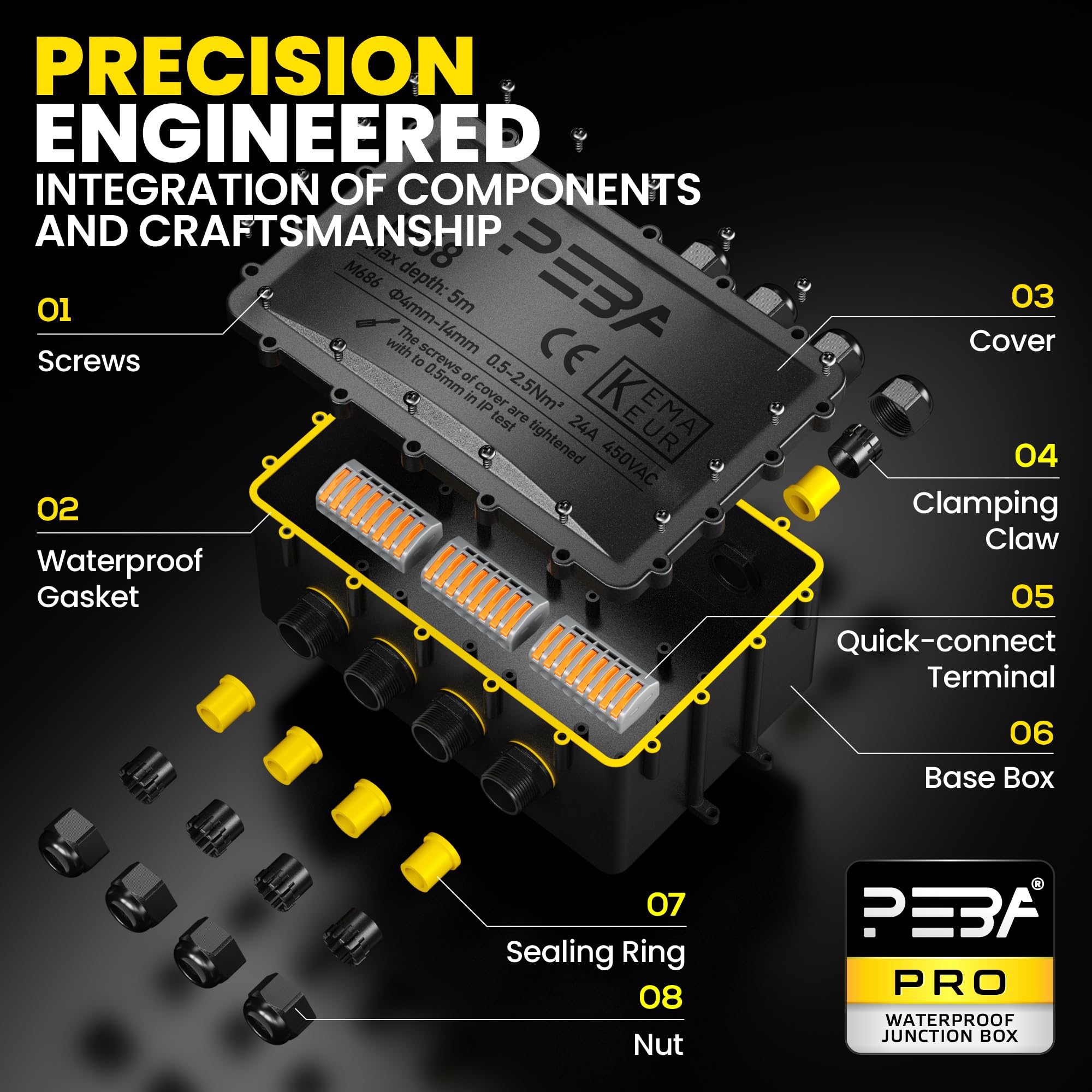 PEBA® Cajas de Conexiones Impermeables IP68, Conector de cable estanco,Caja de conexiones de conector de cable Exterior Extragrande de 8 vías, Apto para cables Ø4-14 mm Caja Conexiones Negro