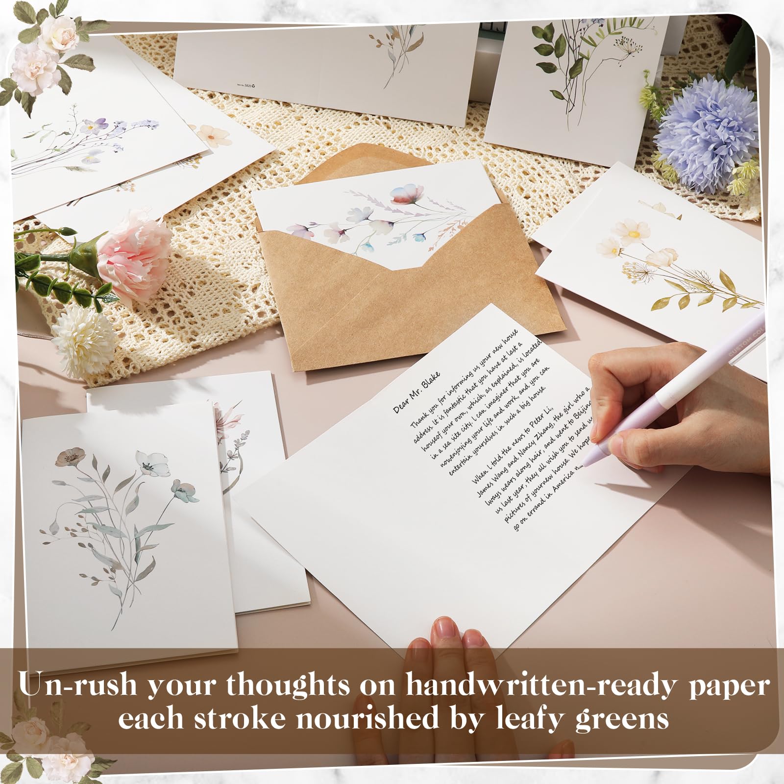 VZZNN Lot de 100 cartes de remerciement motif fleurs sauvages (10,2 x 15,2 cm), cartes de remerciement pour petite entreprise, carte de mariage avec enveloppe, livrées avec 108 autocollants ronds