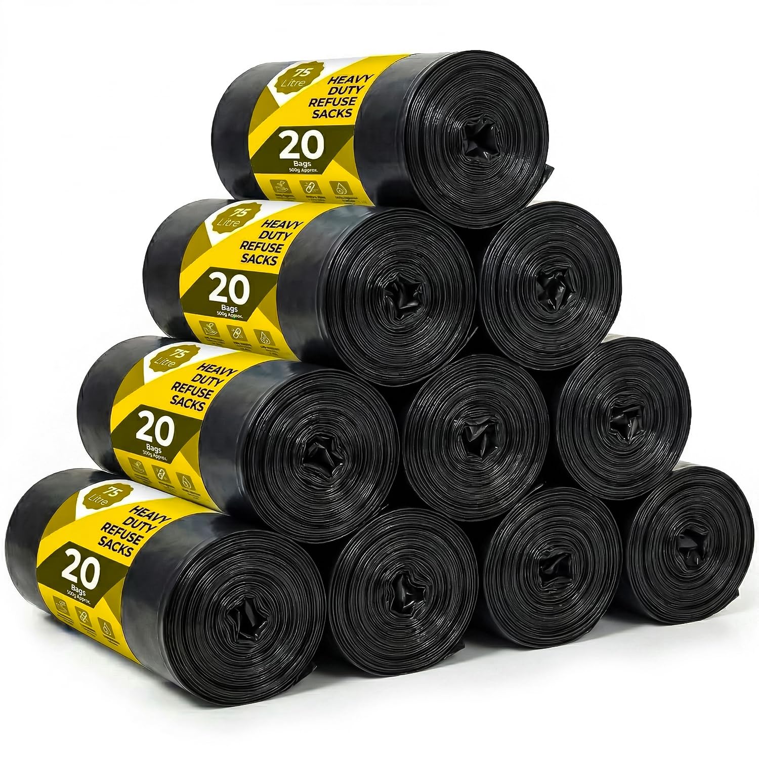 Roe Tenpo 200 Pack Black Bin Bags 75L, 30 Microns – Leak-Proof, Strong Plastic Bin Liners – Refuse Sacks Ideal for Kitchen, Home, DIY & Garden, Household, Office & Catering