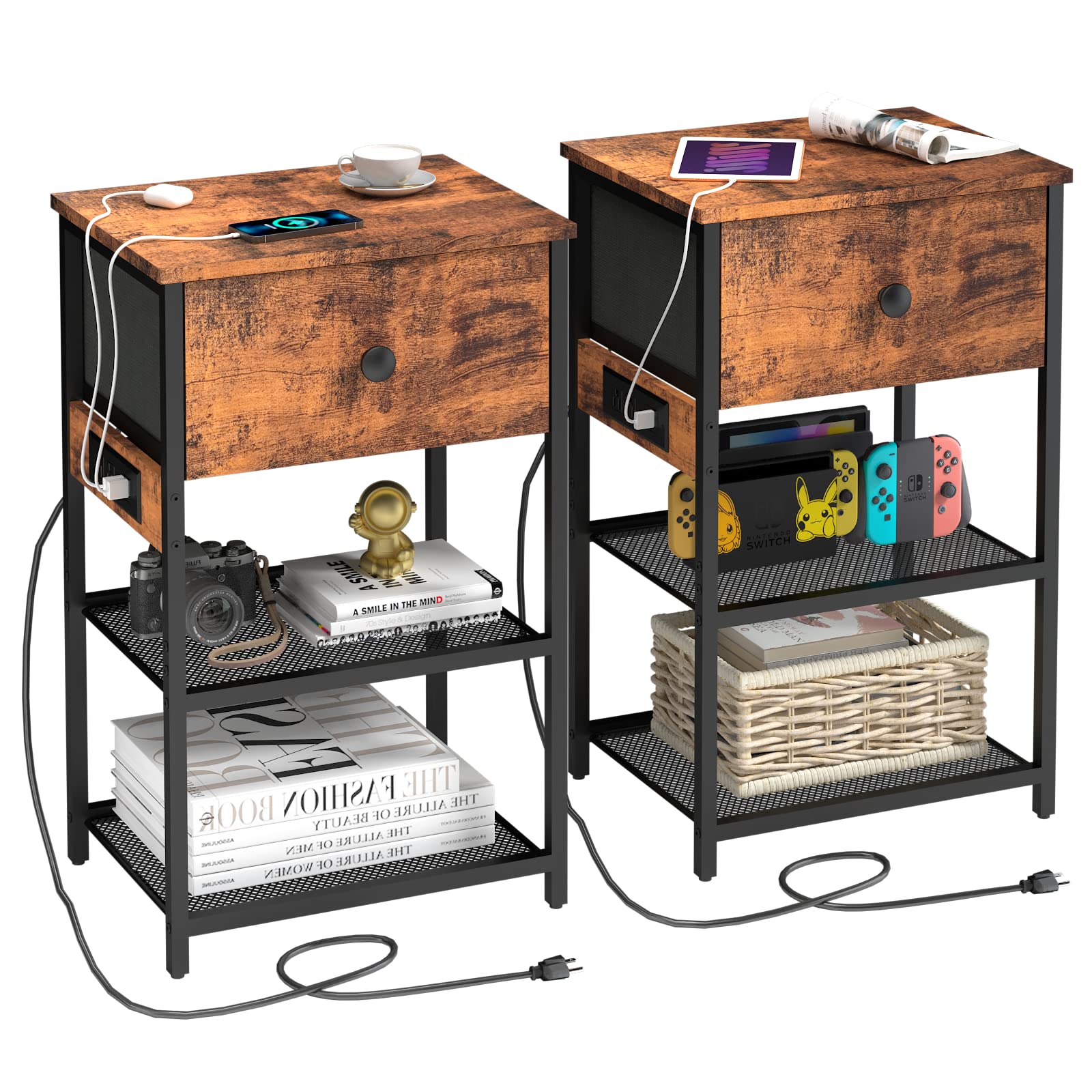 LTTDOUK Nightstands Set of 2 with Charging Station, Bedside Tables with Fabric-Wood 2-in-1 Drawer, End Table for Small Spaces, Vintage Side Table with USB Ports and Outlets for Bedroom, Living Room