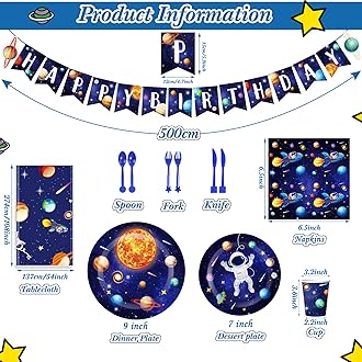 Outer Space Birthday Party Supplies Serve 24 Space Party Tableware Set, Happy Birthday Banner Solar System Tablecloth Paper Plates Cups Napkins Knives Forks Spoons for Solar Theme Activities Decor