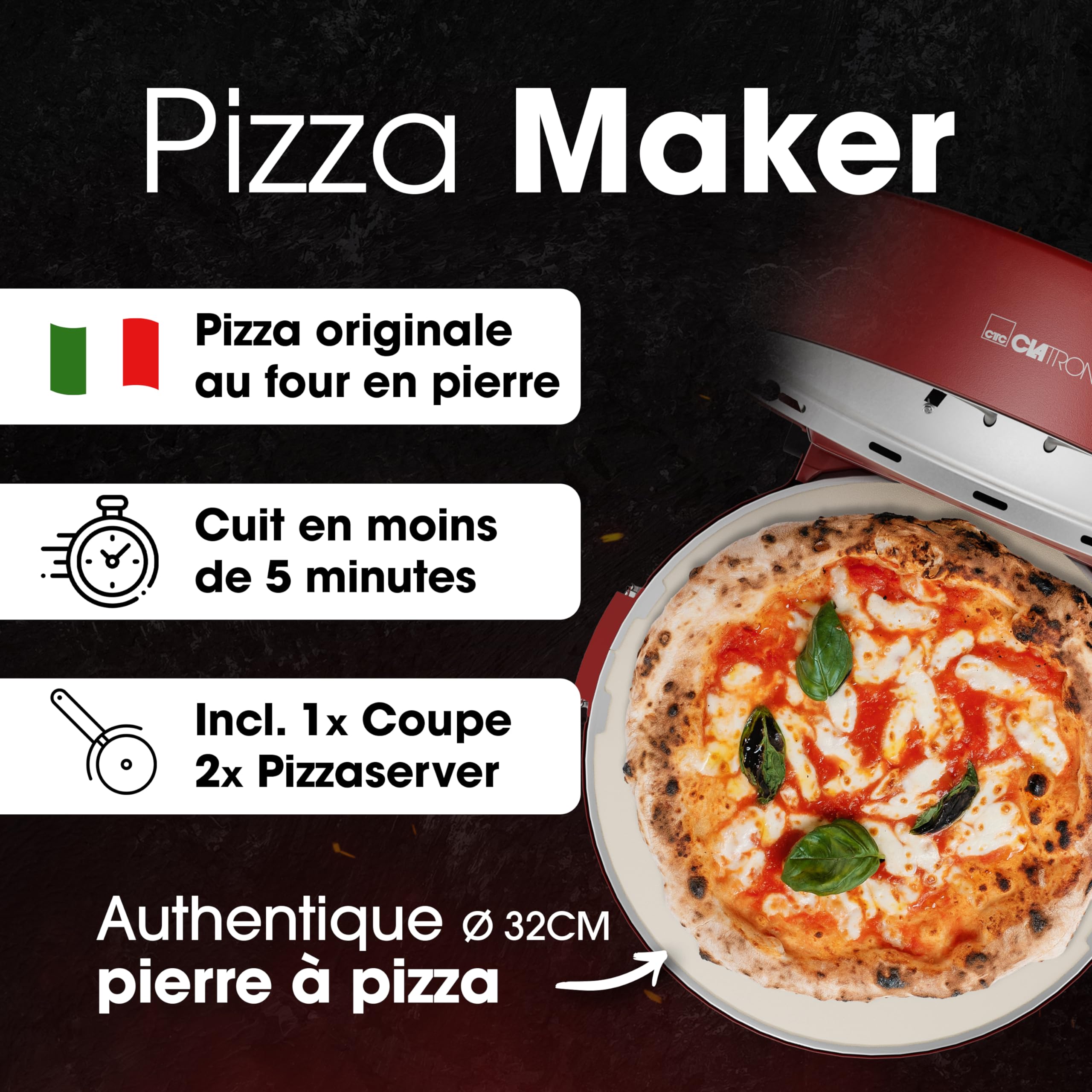 Clatronic® four à pizza | 350°C p. pizza italienne en pierre à la maison |électrique | aussi pour pizzas surgelées | pizza en moins de 5 min. | pierre à pizza Ø32cm et accessoires inclus | PM 3787