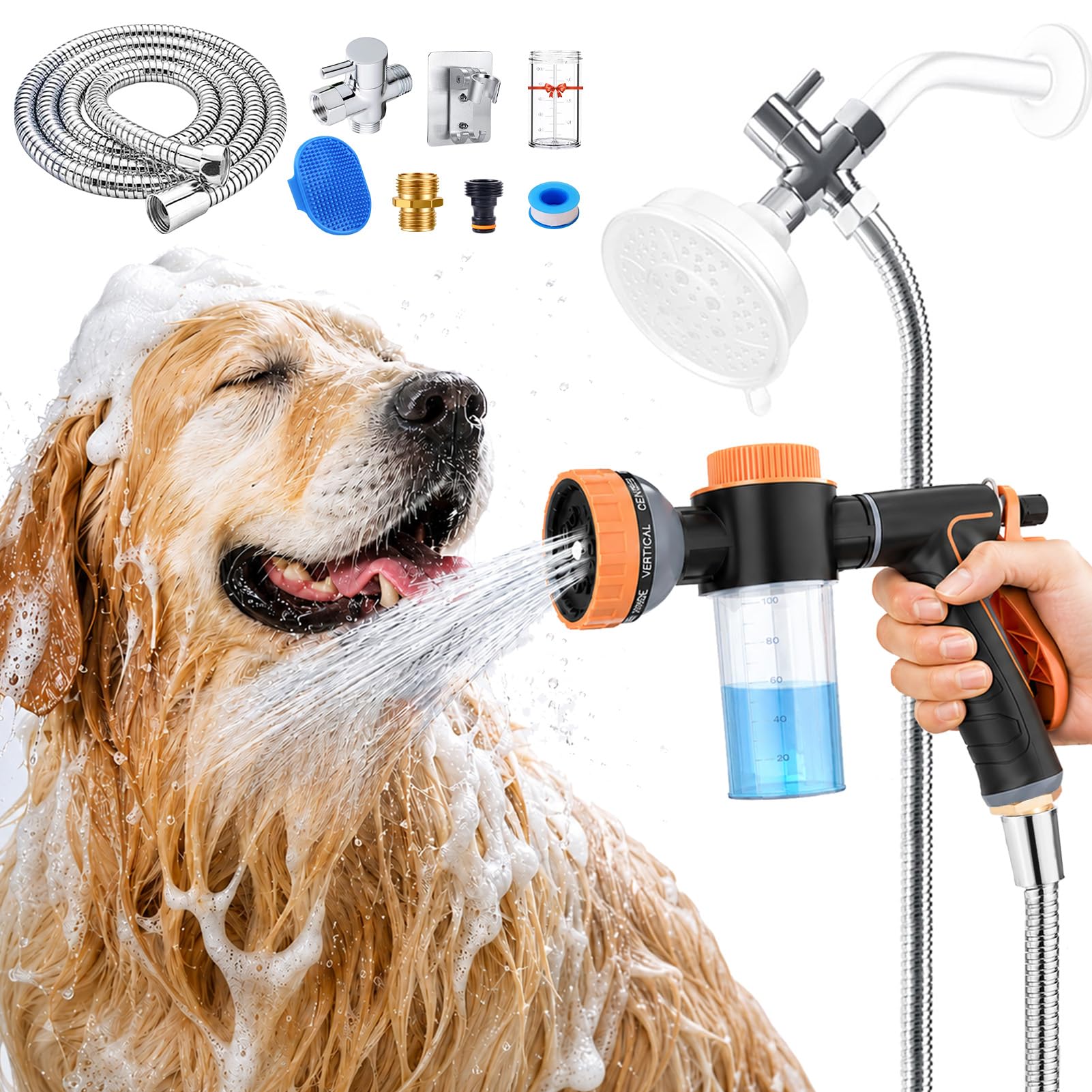Hunde-Duschaufsatz mit Metall-3-Wege-Duschumsteller und 1,8 m Duschschlauch für Badezimmer, Showr-Arm, Hundewaschschlauchdüse für einfaches Baden von Haustieren, Hundewaschschlauchaufsatz