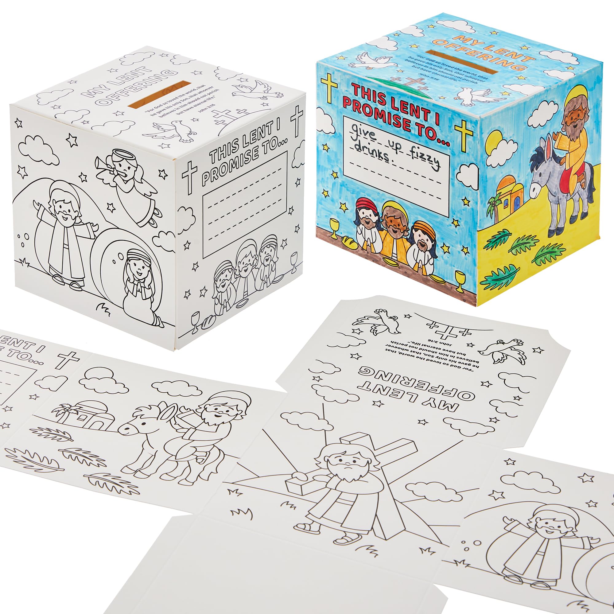 Baker Ross FN396 My Lent Colour-in Donation Box - Pack of 4, Easter Arts and Crafts for Kids