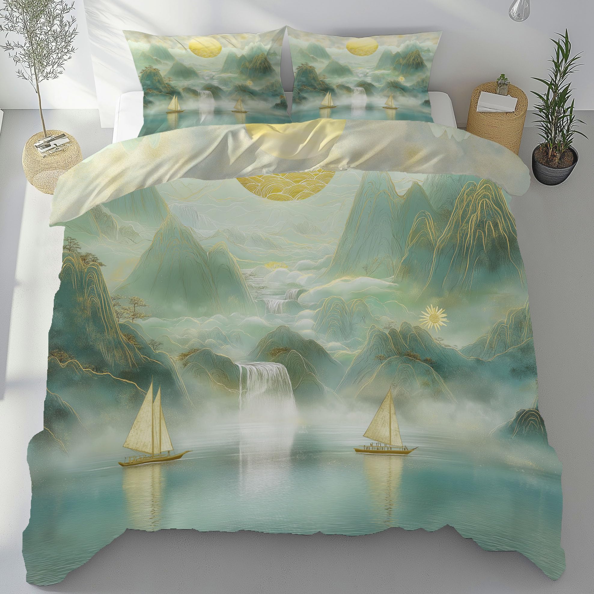 Parure de lit 200x220 style chinois zen avec housse de couette paysage de montagne et taies