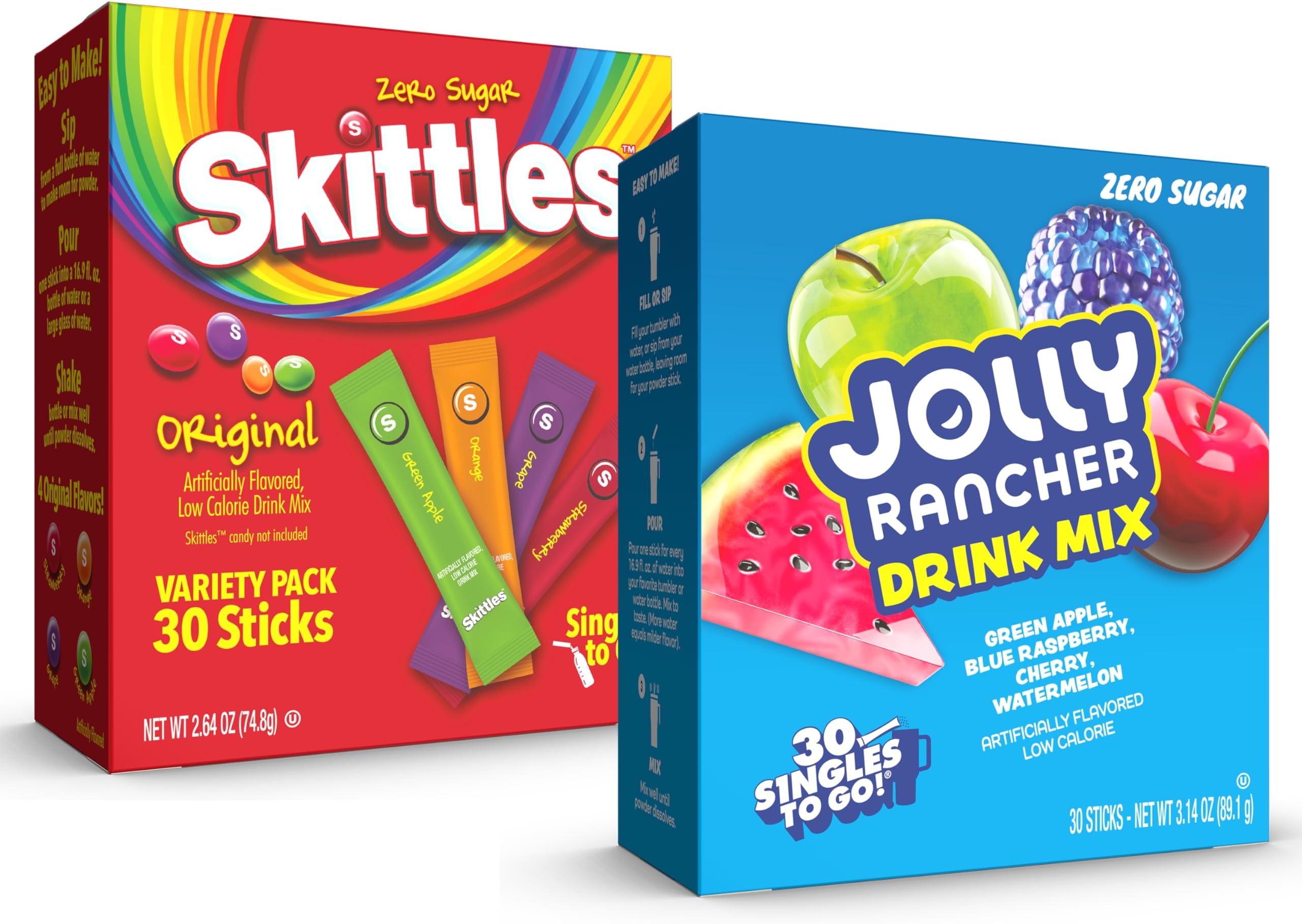 Jolly Rancher & Skittles Drink Mix Variety Pack – 60 Singles to Go Powdered Drink Mix Sticks – Zero Sugar, Low Calorie Water Flavor Packets – Fruity Candy Flavors – Green Apple, Strawberry & More