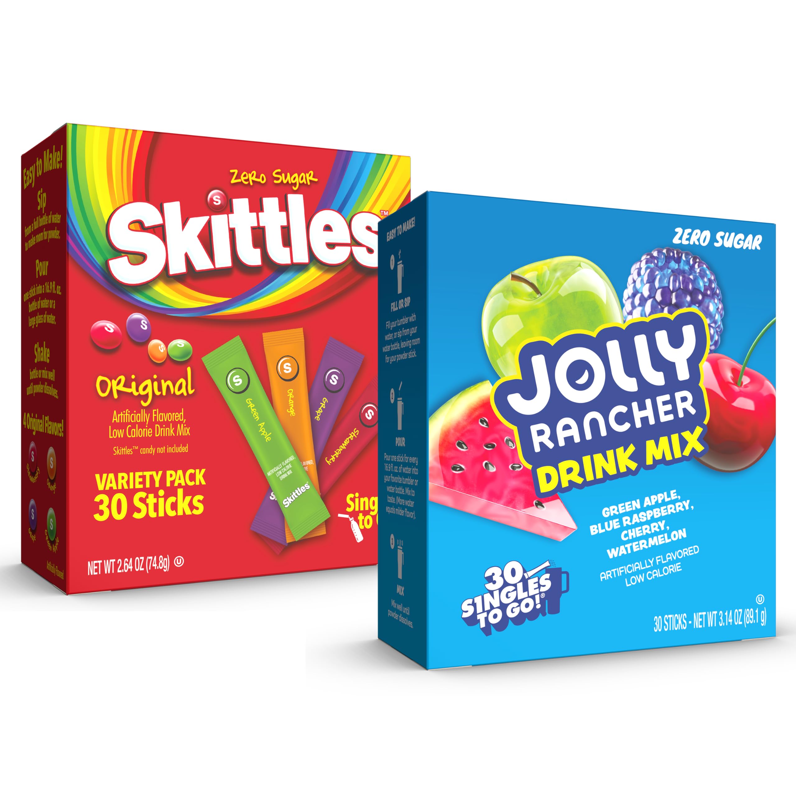 Jolly Rancher & Skittles Drink Mix Variety Pack – 60 Singles to Go Powdered Drink Mix Sticks – Zero Sugar, Low Calorie Water Flavor Packets – Fruity Candy Flavors – Green Apple, Strawberry & More