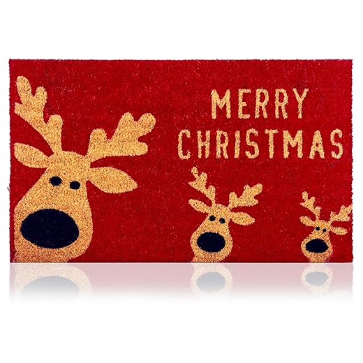 Christmas Reindeer - 17"x29" - Coir Door Mat with Heavy Duty Backing - Welcome Mats for Entryway, Porch - Anti-Slip PVC & Coconut Fiber Surface - Natural Home Accessories, Minimalist Original Design