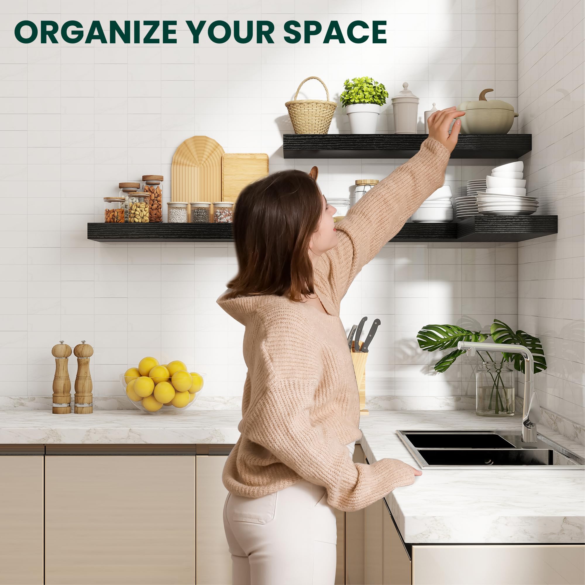Juego de 2 estantes flotantes de 120 cm para pared con soportes invisibles, estante de madera resistente montado en la pared para cocina, baño, sala de estar, dormitorio