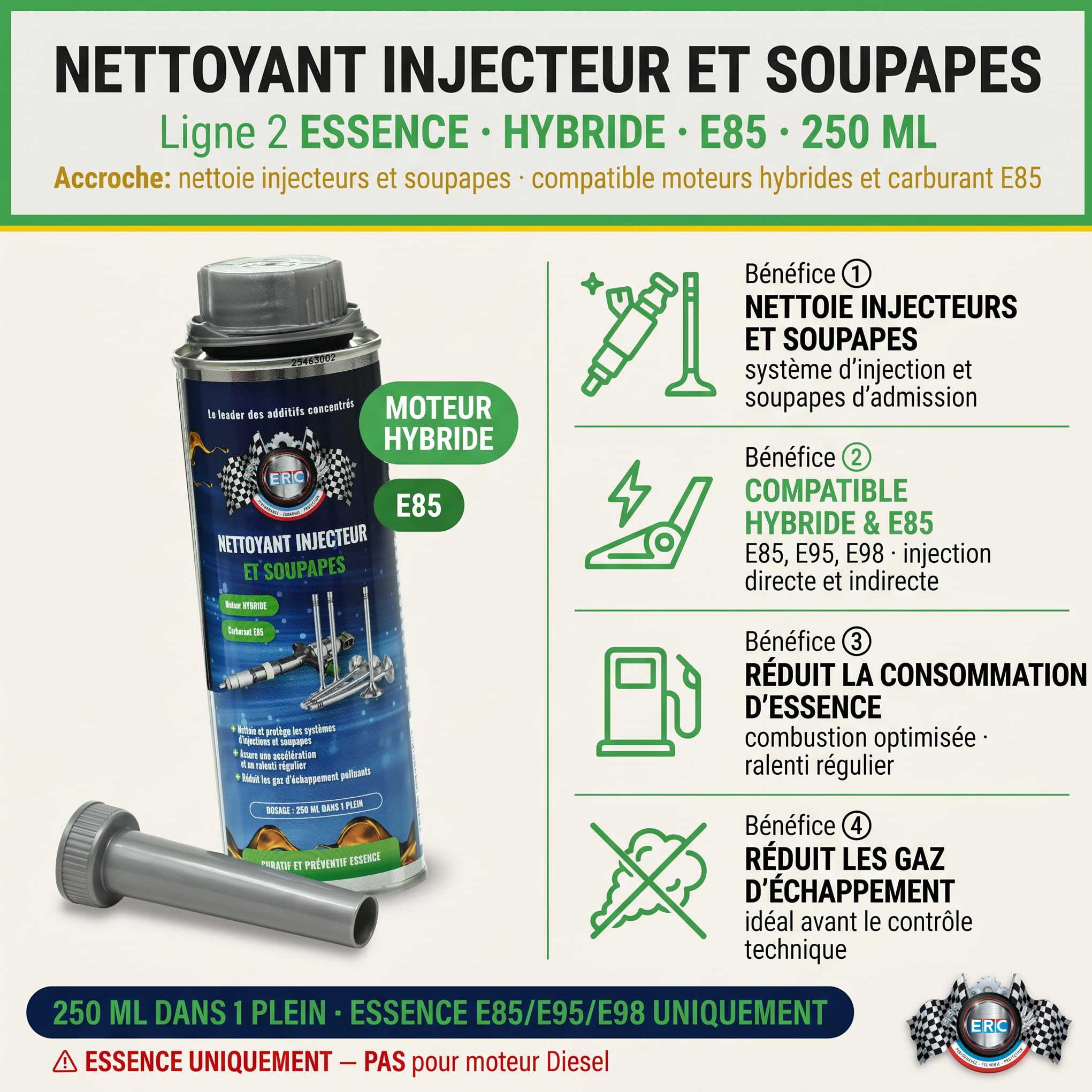 ERC – [Nettoyant injecteur et soupapes essence] | Nettoie & Protège système d’injection | Réduit consommation & émissions polluantes | Optimise accélération & ralenti moteur | 250 ml