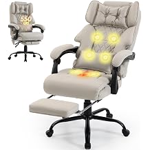 Massage Office Chair with Foot Rest,6 Points Vibration & Heat Executive Office Chairs,Big and Tall Office Chair 500LBS,Ergonomic Desk Chair for Heavy People,Recliner with Dual-Use Pillow,Beigepu