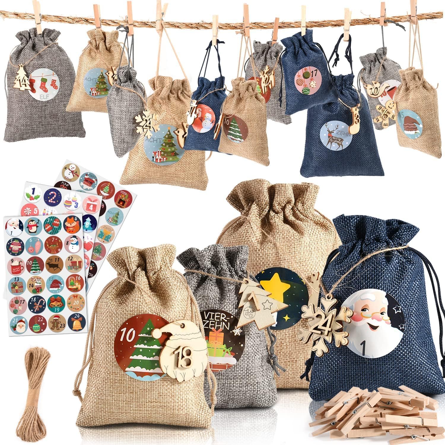 Alintor Groß Adventskalender zum Befüllen Stoff mit 24 Säckchen, 3 Größen | Adventskalender Selber Befüllen, Holzanhänger mit Zahlen 1-24, DIY Weihnachtskalender zum Befüllen, Adventskalender kinder
