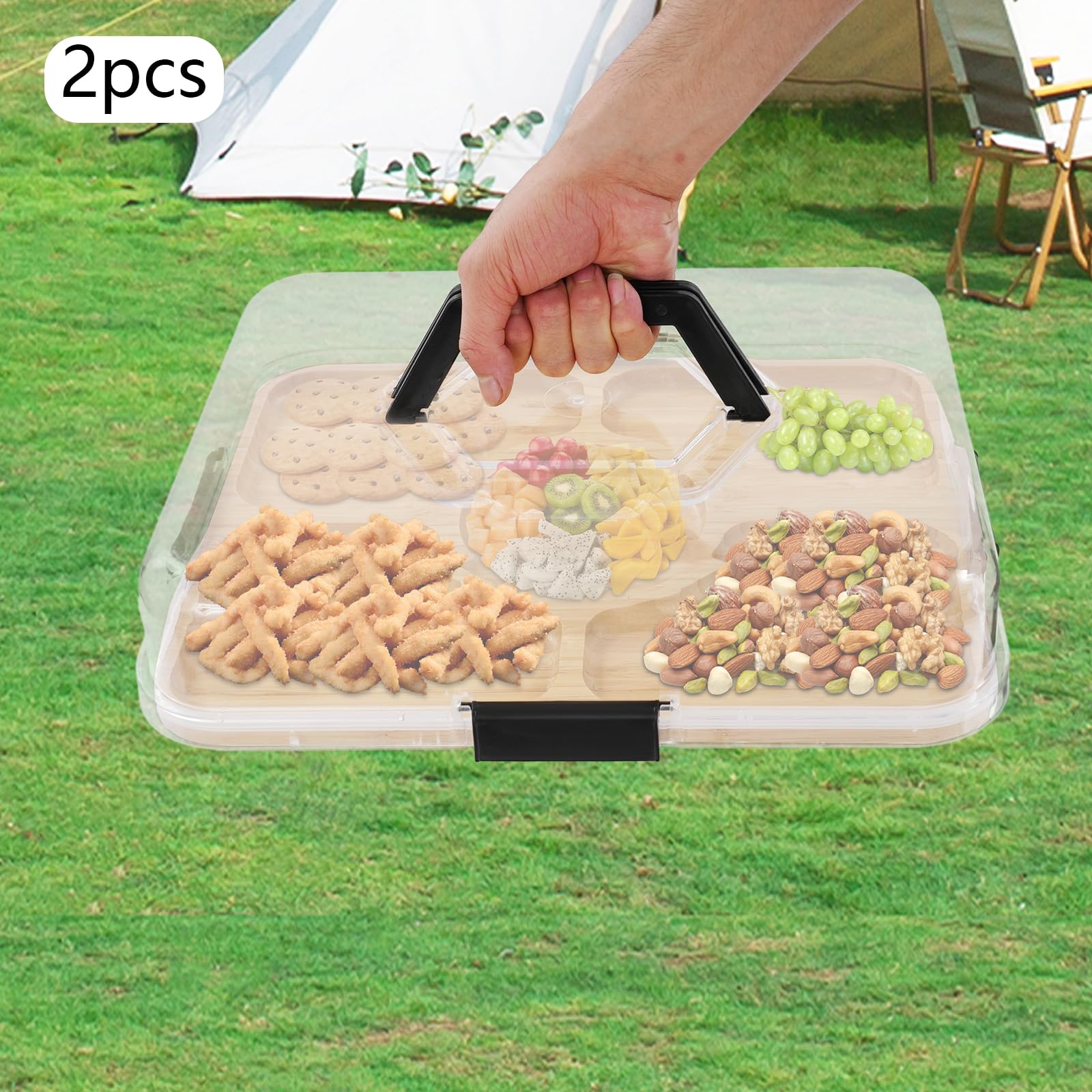 2 tablas de queso con tapa, bandeja para servir a madera de bambú, bandeja multifuncional con asa, tabla de charcutería para comida familiar, reunión, picnic, 35,3 x 28,3 cm (5 cuadrículas)