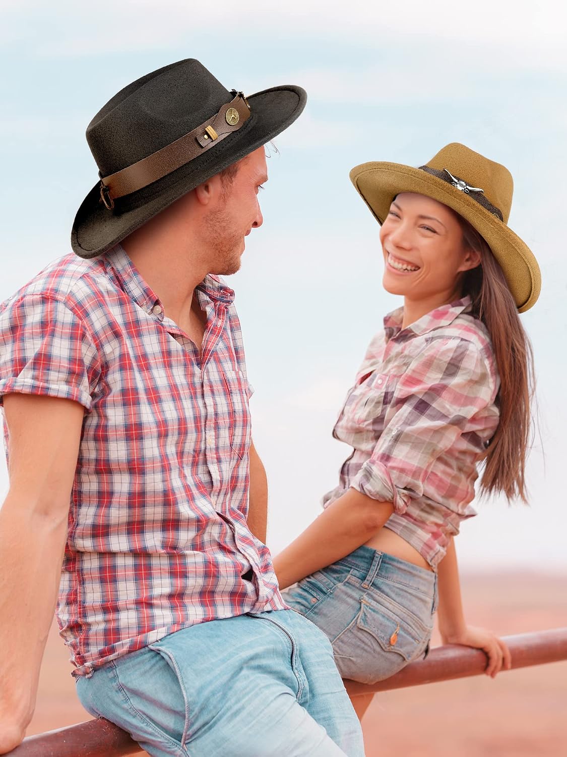 2 Pcs Western Classic Cowboy Cowgirl Hat for Men Women Vintage Panama Hat with Belt(Black, Brown)