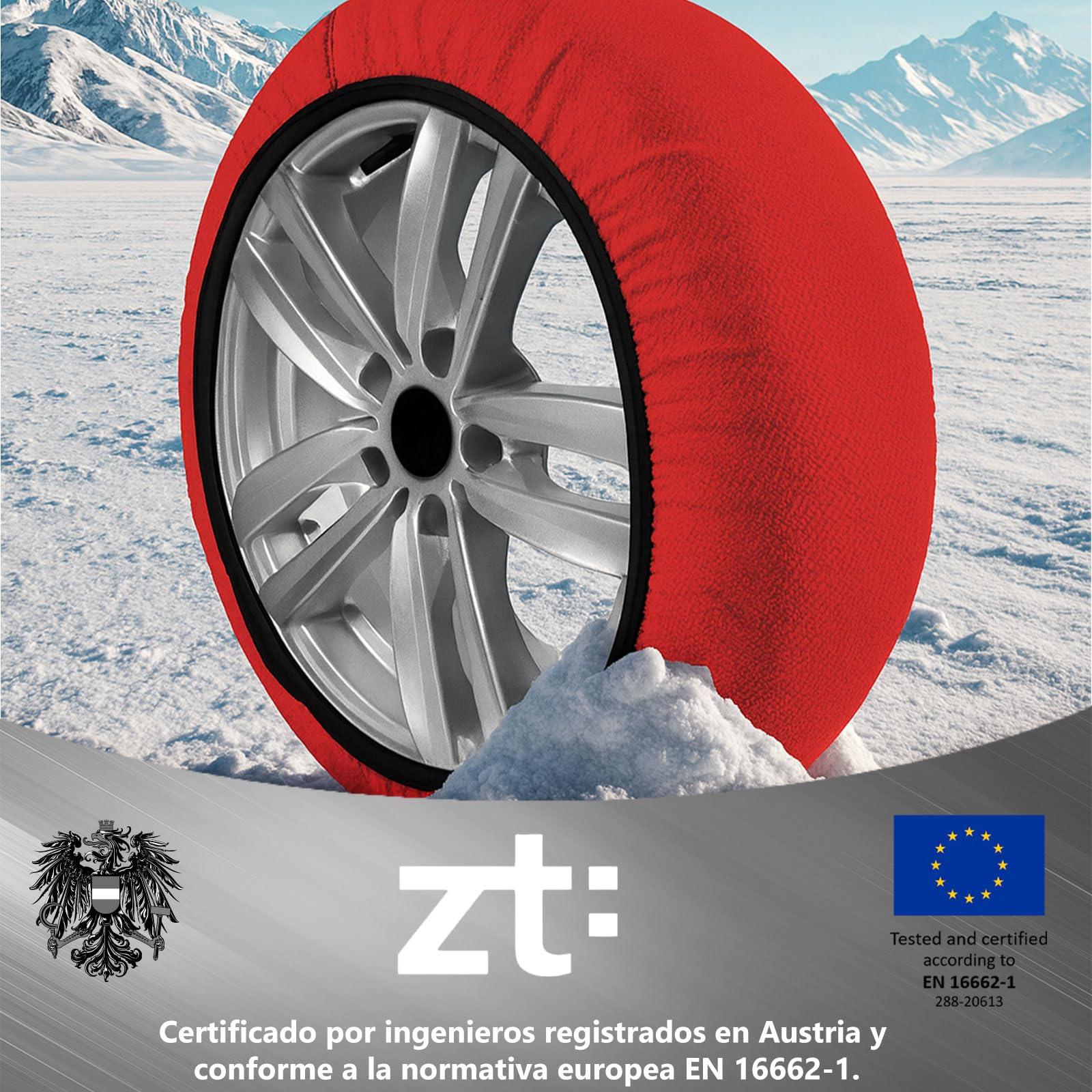 Cadena de nieve textil para neumaticos 2Pcs Talla XS - XXL Facil de Facil de instalar,Maxima distancia hasta 120 Kilometro (XL),Cert. EN16662-1