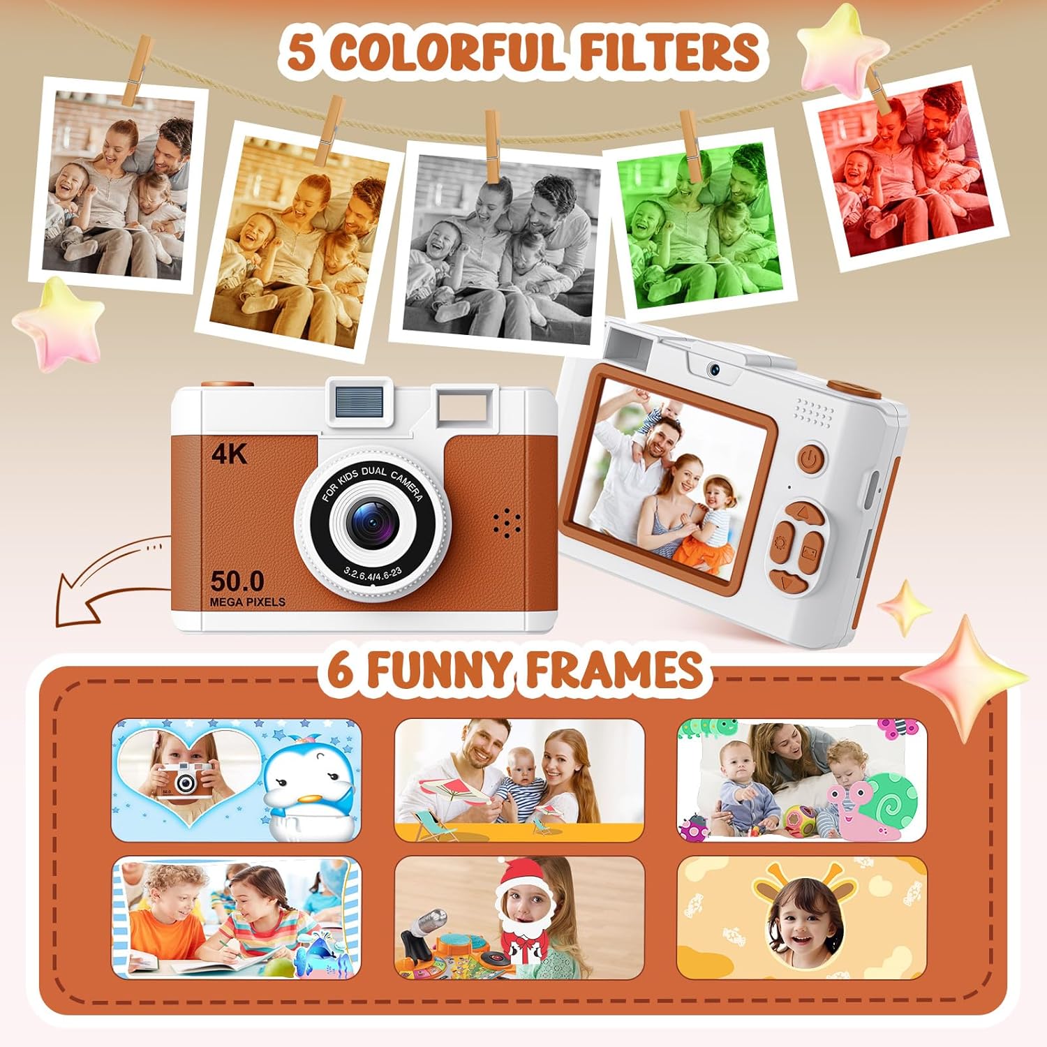 50.0 Mega Pixels Kids Camera for 5-13 Year Old Girls Boys with WiFi,MP3,Video Recording,Children Digital Selfie Video Camcorder 1080P Dual Lens 2.4 Inch HD,32G TF Card (Brown)