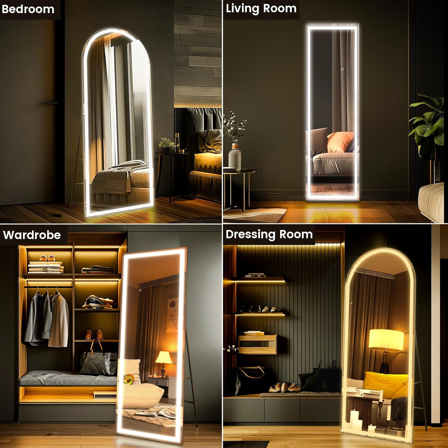 pertetey 57X18 Inch LED Full Length Floor Mirror with Lights, Black Frame Lighted Dimmable & 3 Color Modes Full Body Dressing Standing Wall Mounted for Living Room, Bedroom