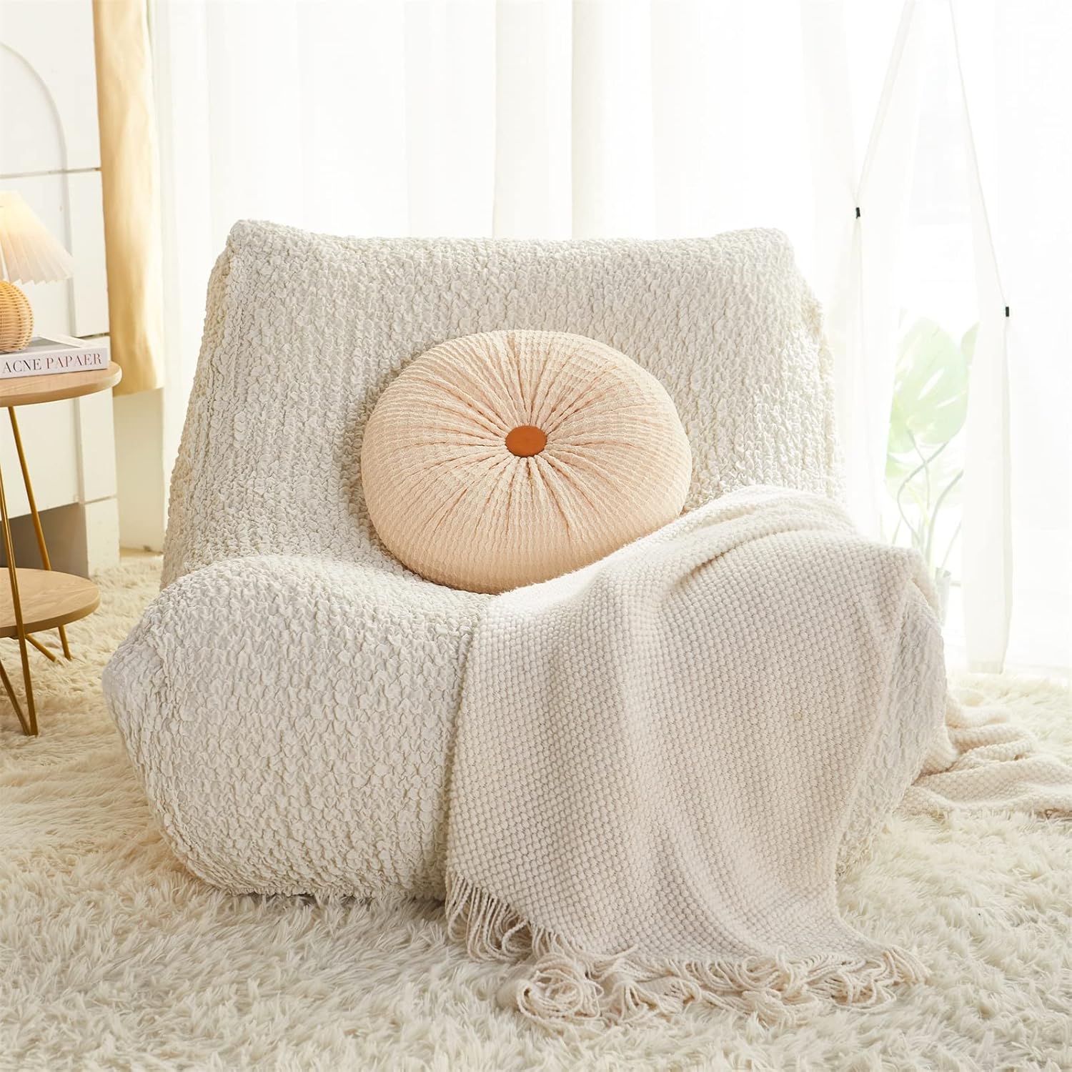 Sofa Covers of Armless Floor Sofa, Protector Slipcover for Fireside Chair,Adult Bean Bag Chairs Stretch Covers,Universal Floor Couch Covers Washable (Texture, Cream White)
