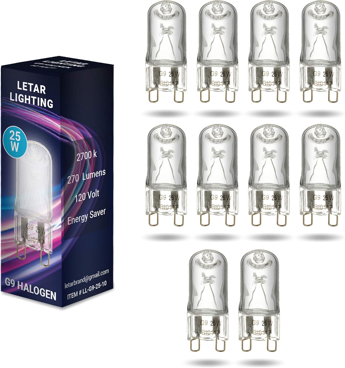 Letar Lighting G9 Halogen Light Bulbs | 10-Pack of 2700K Soft White 40W Dimmable Lamps for Indoor/Outdoor Fixtures, Ceiling Fans & Pendants | 120V, 470 Lumens, Energy Saving, G9/Q40/CL/T4/JCD/JD Base