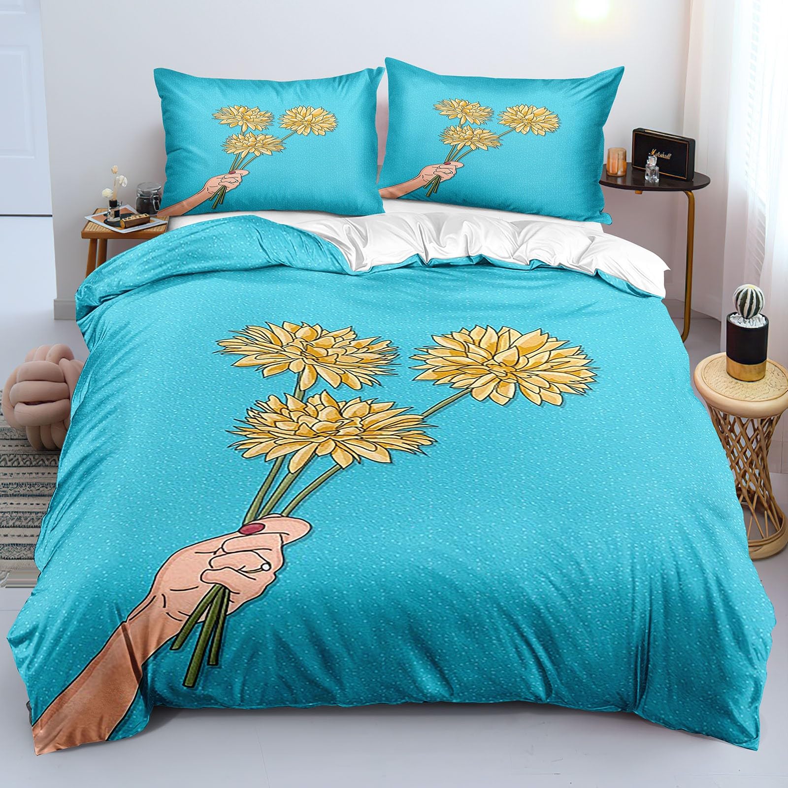 Housse de Couette Queen Size Fleurs Jaunes Parure de lit Double 230x260 cm avec 2 Taies d'Oreiller