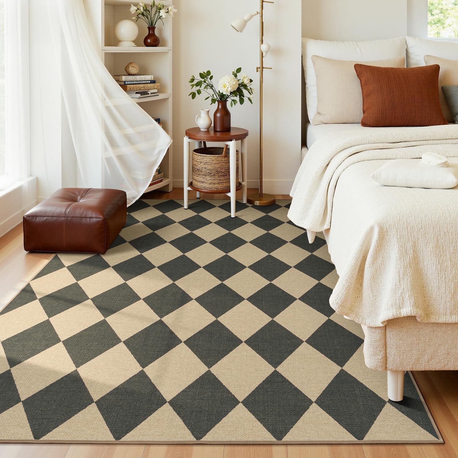 Lessymo Checkered Easy Jute 5x7 Area Rugs, Washable Patio Rug for Living Room Farmhouse Indoor Outdoor Carpet, Geometric Non Slip Black Carpet for Bedroom Backyard Dining Room, Diamond Black/Beige