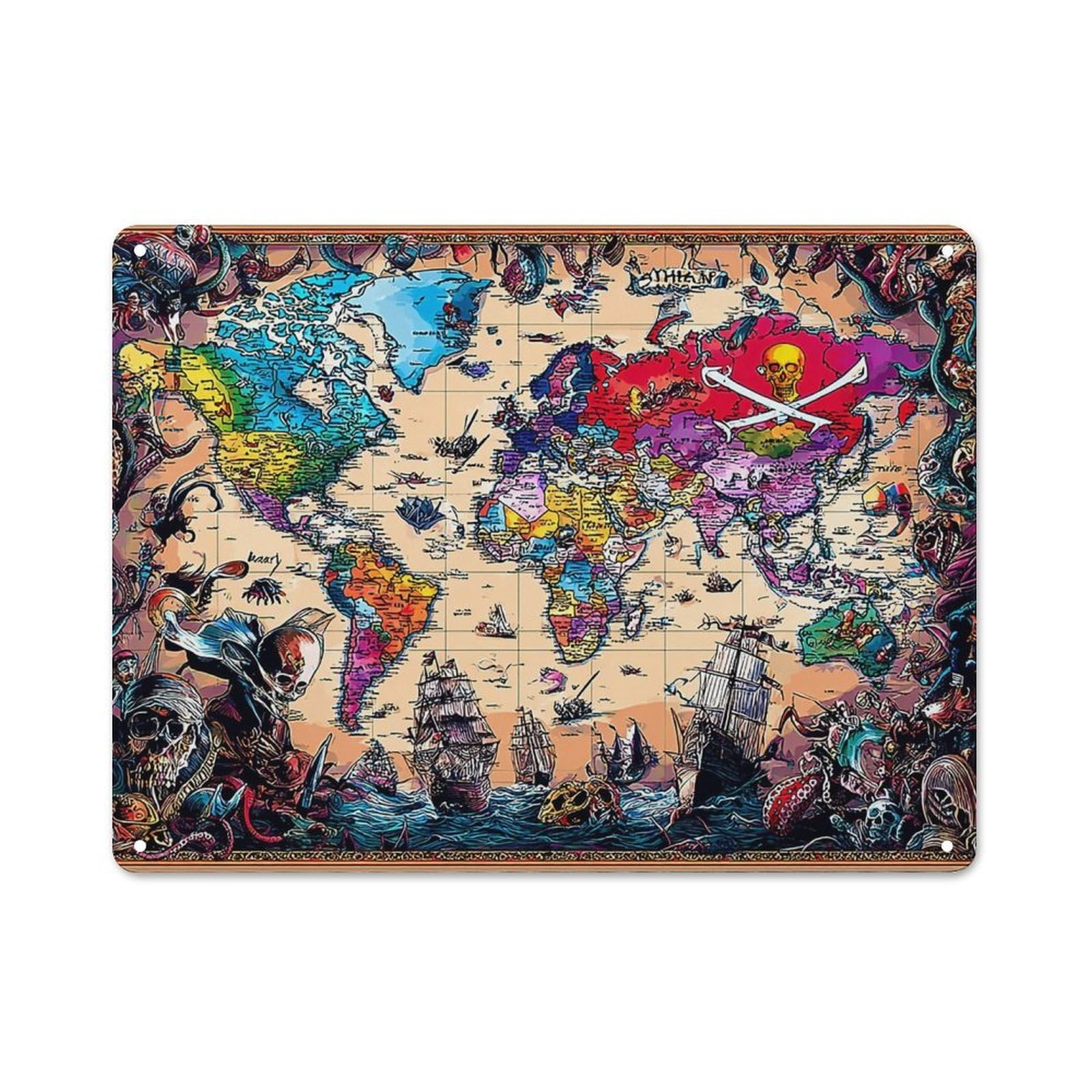 Junmoney Pirate Map A World Of Adventure Old Style Decorative Tin Plaque 30X40cm, Bar Wall Plaque For Bar, Kitchen, Garage Or Games Room