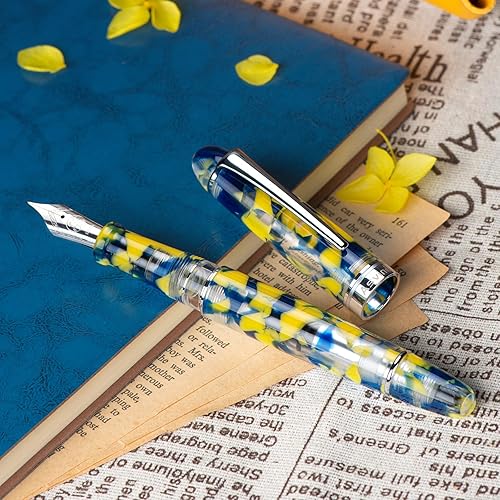 Miniatura 7 de Asvine P50 - Pluma estilográfica de pistón de resina de mármol amarillo, punta extra fina con borde plateado, colección de escritor suave con