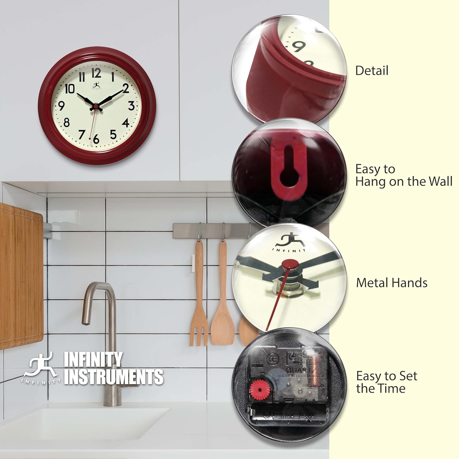 Infinity Instruments 8" Retro Diner Red Silent Wall Clock