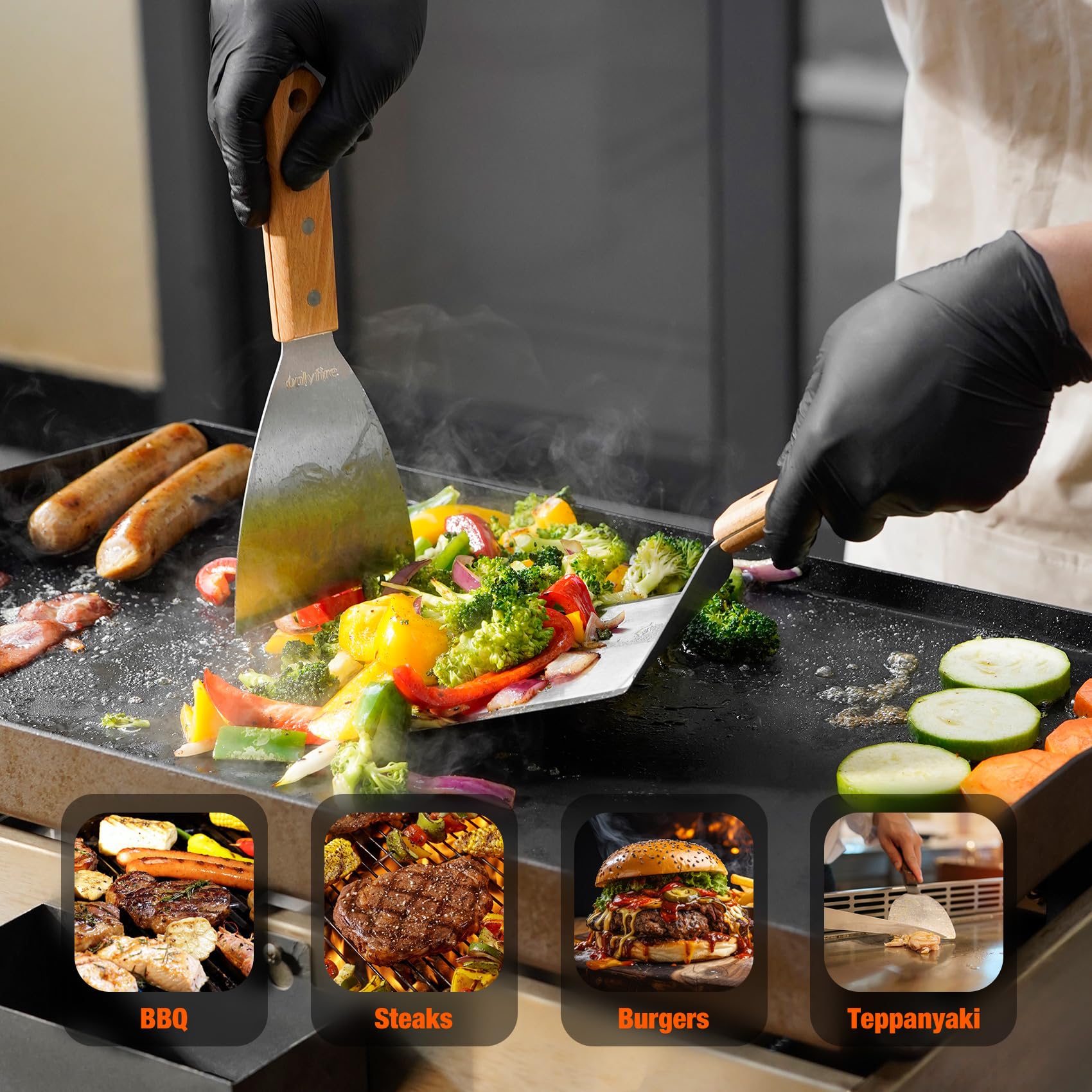 Onlyfire Smash Burger Set, 6-Teilig Grillwerkzeug Set, inkl. Runder Burgerpresse, 2 Grillspachtel, Pattypresse, 2 Burgerglocken, BBQ Grillbesteck Set für Plancha, Grillplatte, Gasgrill oder Grill