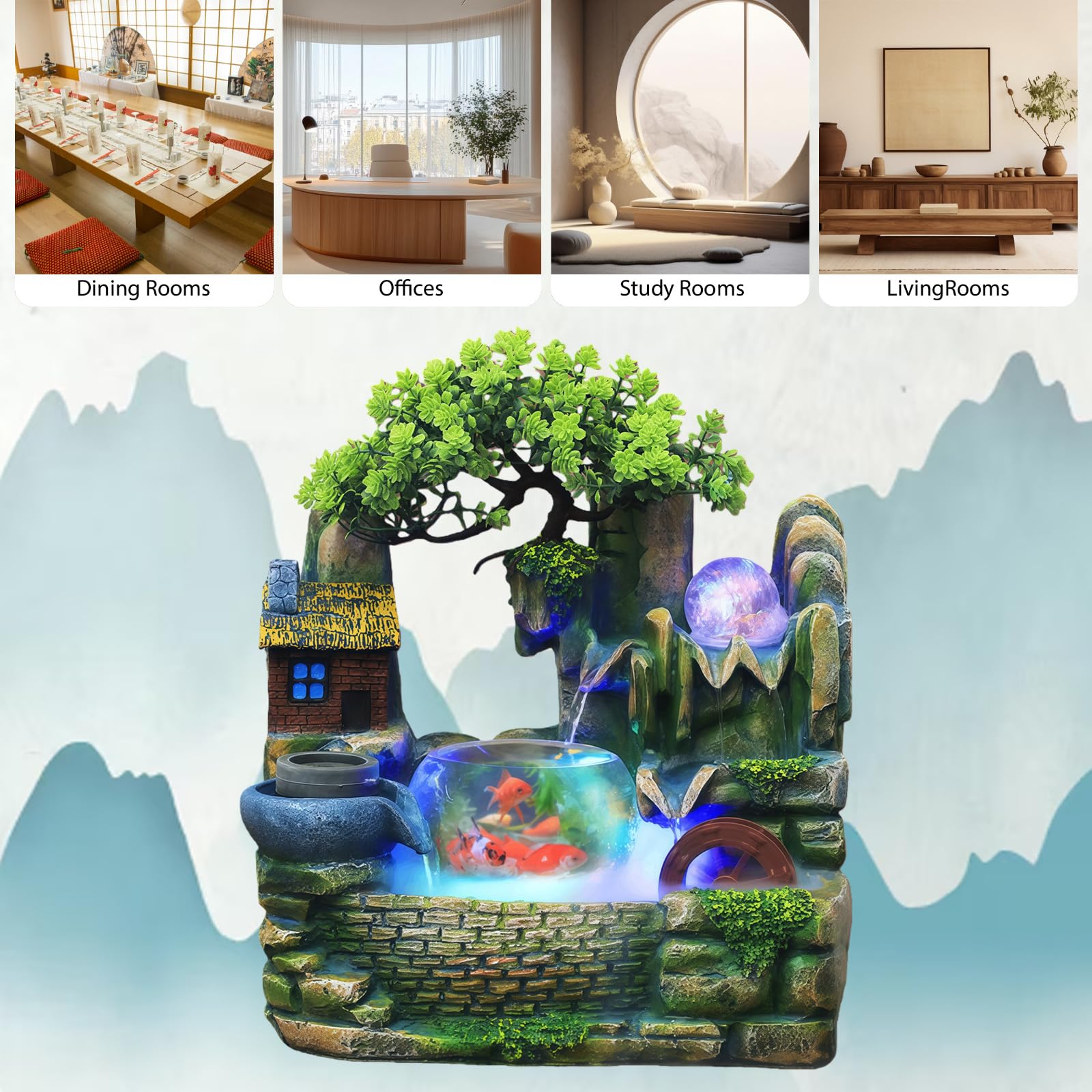 Fontaine D'intérieur, Fontaine Décorative de Table avec éclairage LED à Changement de Couleur, Roue Feng Shui et Aquarium Transparent pour Chambres, Salons et Bureaux (30 x 20 x 36 cm)