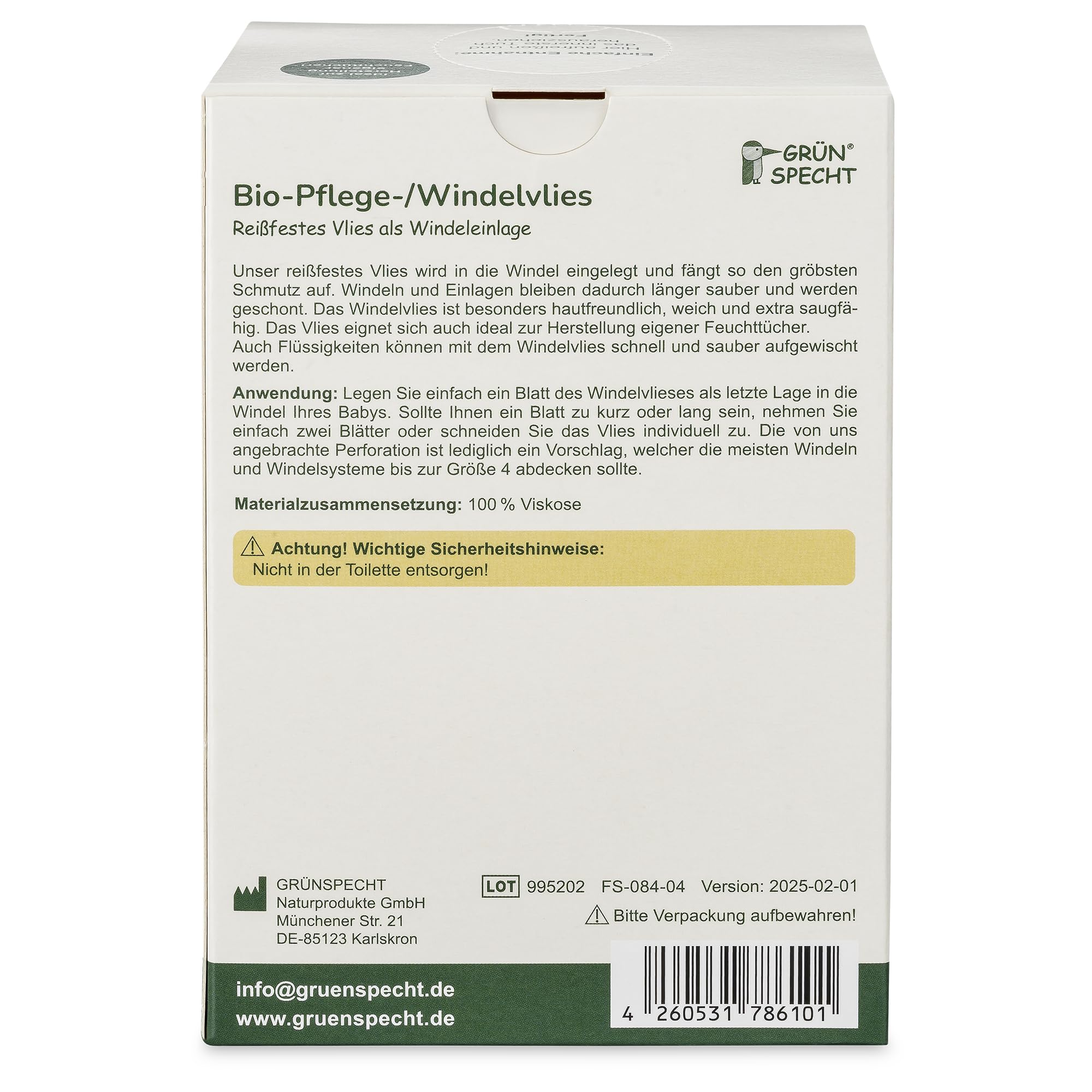 GRÜNSPECHT Tessuto non tessuto biologico per pannolini, 100% biodegradabile, assorbente, 70 fogli (699-00)