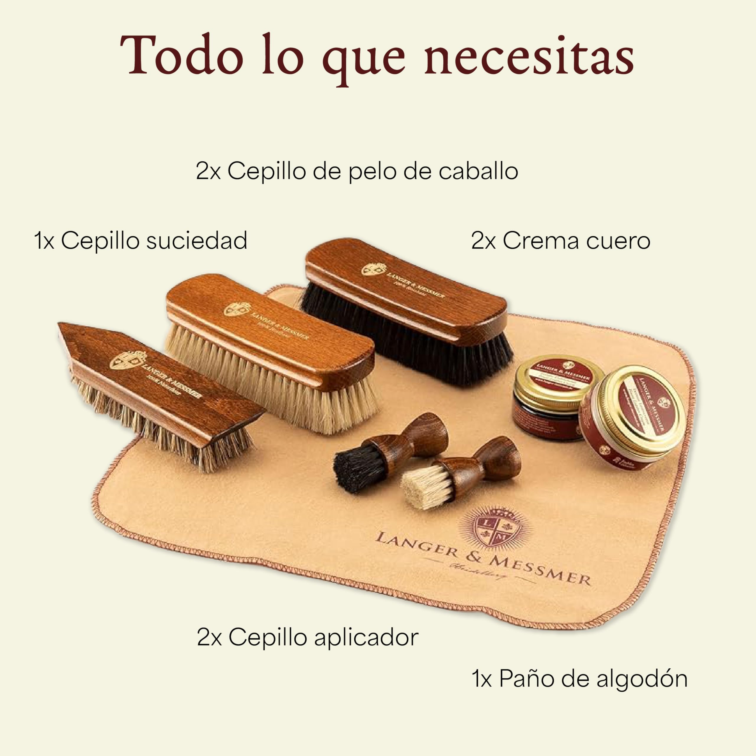 Langer & Messmer set para el cuidado del calzado incl. cremas de alta calidad y cepillos de crin para el cuidado eficaz de sus zapatos de cuero liso - El set limpieza zapatos del calzado