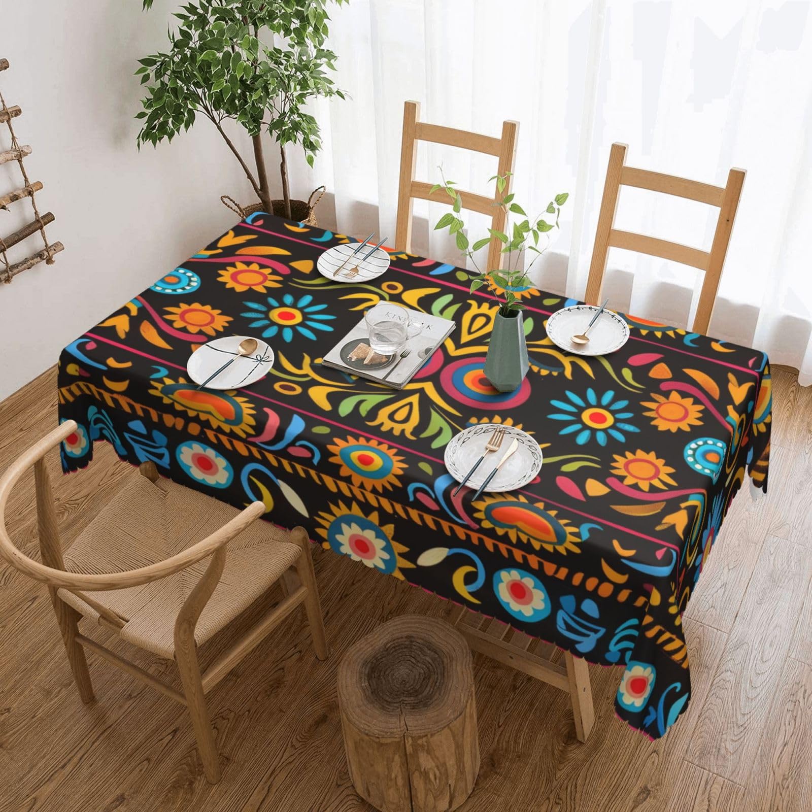WPKJU Mexican Folk Art Boho Printed Rectangle Tablecloth 72x54 Inch with Lace Trim, Water-Resistant Washable Table Cover for Farmhouse Weddings, Outdoor Picnics & Holiday Dining