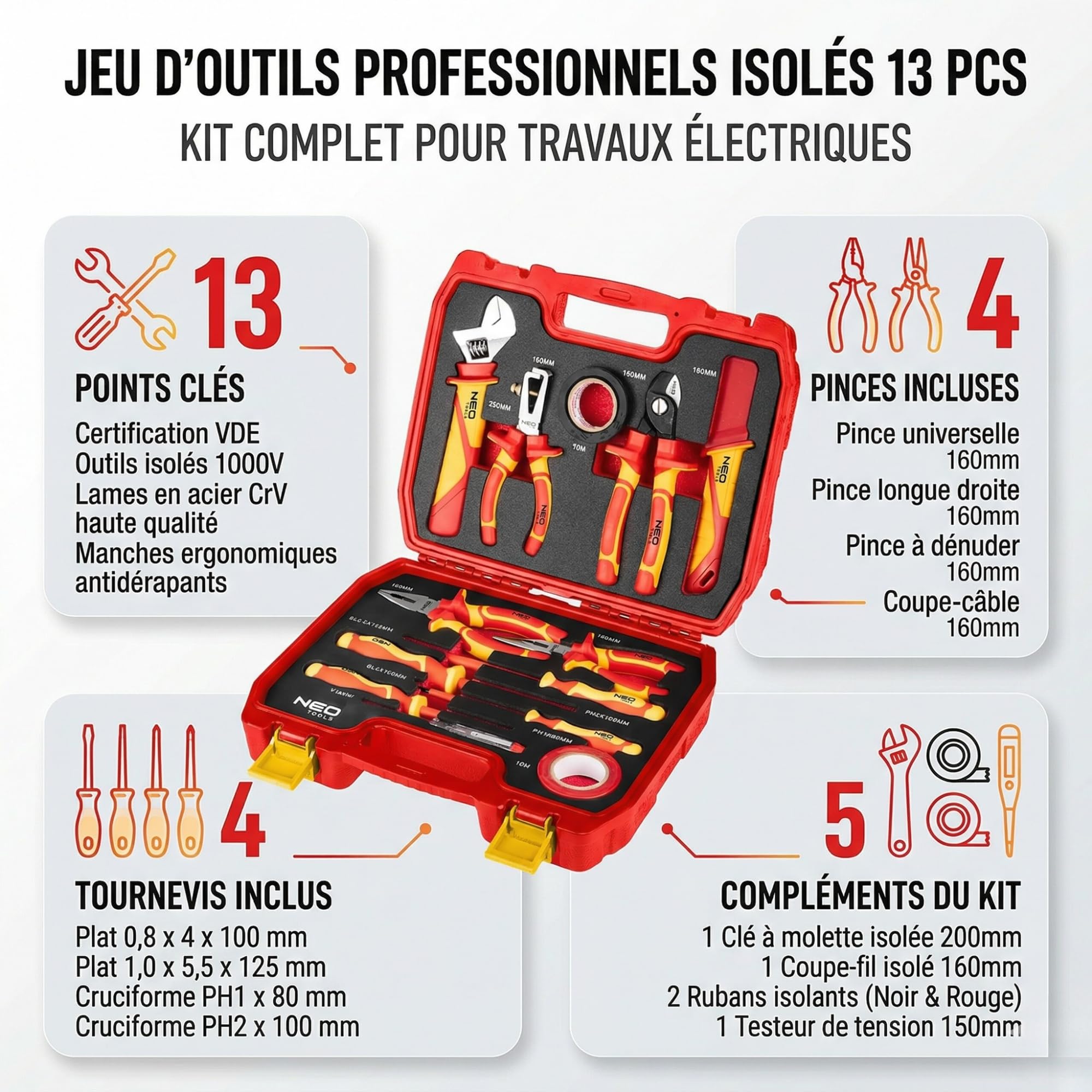 NEO TOOLS Kit d'outils d'électricien : 13 pièces, outils isolés CrV/S2, testeur de tension, 2 rubans isolants, coffret, pour montage, réparation et installations